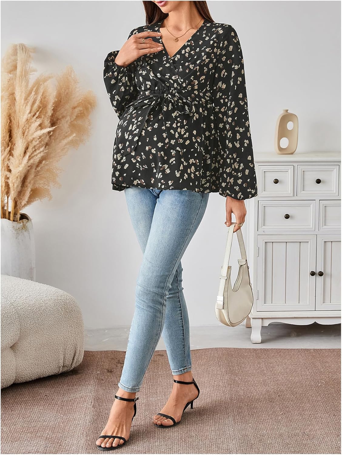 MakeMeChic Women's Maternity Blouse Long Sleeve V Neck Wrap Tops Ruffle Belted Maternity Clothes - Image 6