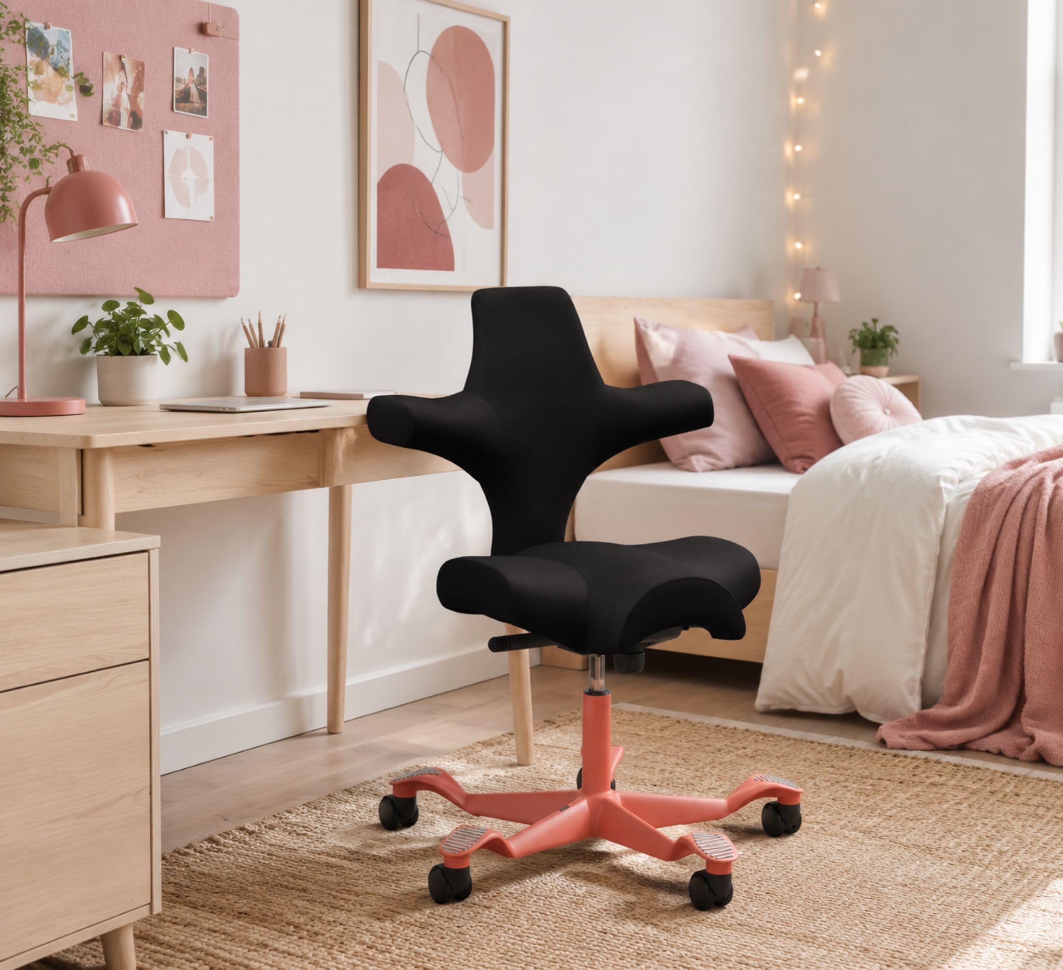 HAG Capisco Standard Chair-Blush Rose Frame-Upholstered Black Onyx Vinyl