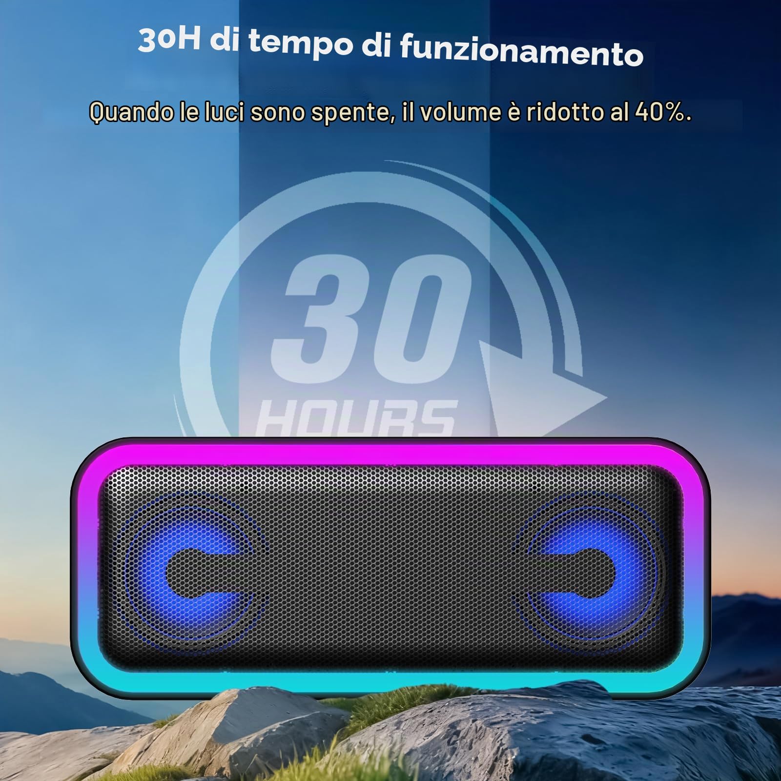 IKT Cassa Bluetooth Potente Portatile con Luci, Speaker Bluetooth 5.4, 30W Basso Potenziato, IPX7 Impermeabile, 7 Luci RGB, 30 Ore Autonomia, Altoparlante Bluetooth per Party, TWS AUX TF-Card
