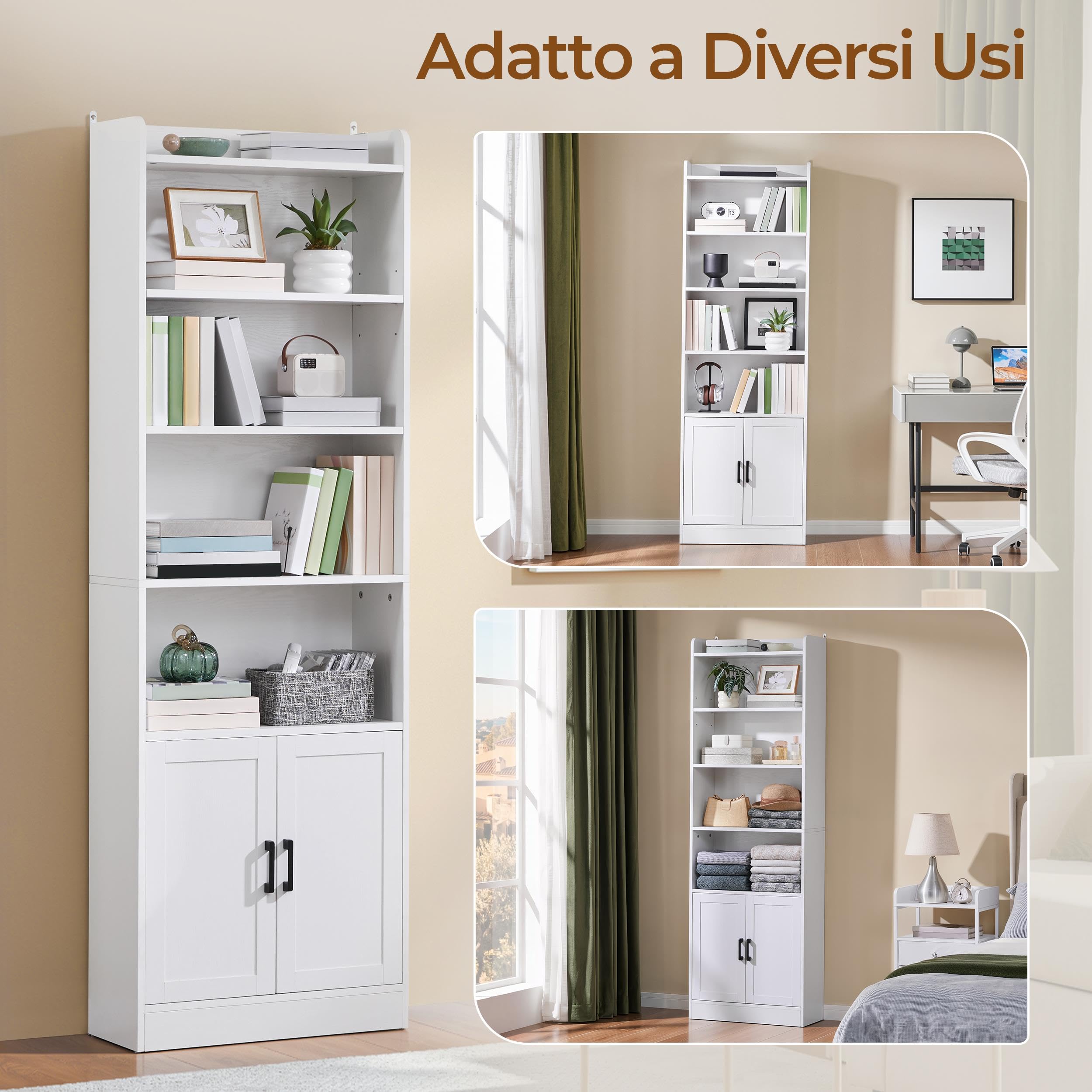 Yaheetech Libreria Verticale a 7 Ripiani, Libreria Scaffale con Armadietto a 2 Ante e 2 Ripiani Regolabili, per Camera da Letto, Studio, Soggiorno, Ufficio, 60 x 24 x 183 cm, Bianco