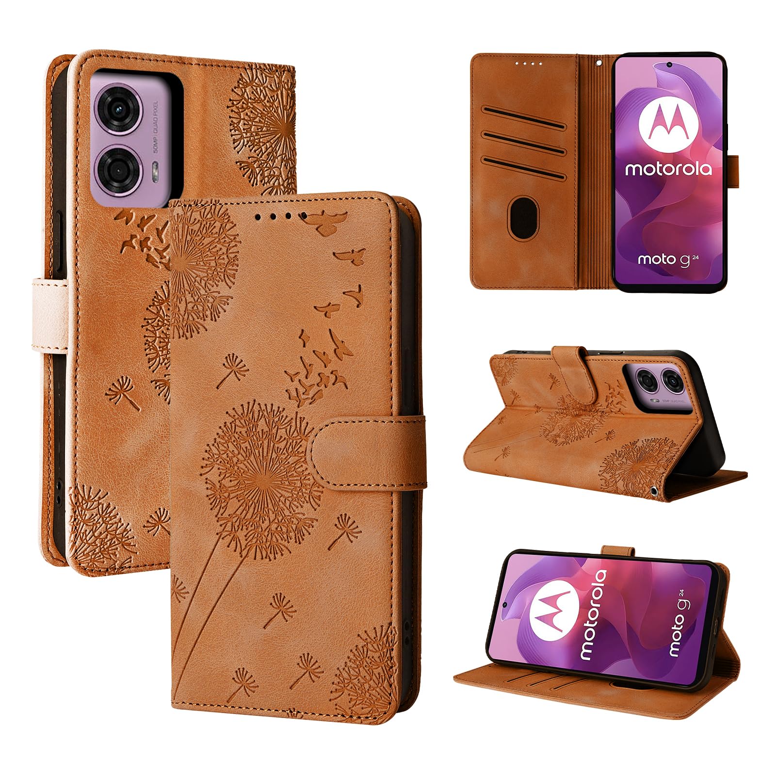Rostsant Case for Motorola Moto G24 5G Dandelion Cover Premium PU Leather Flip Phone Case Wallet Card Slots Protective Cover for Motorola Moto G24 5G Brown
