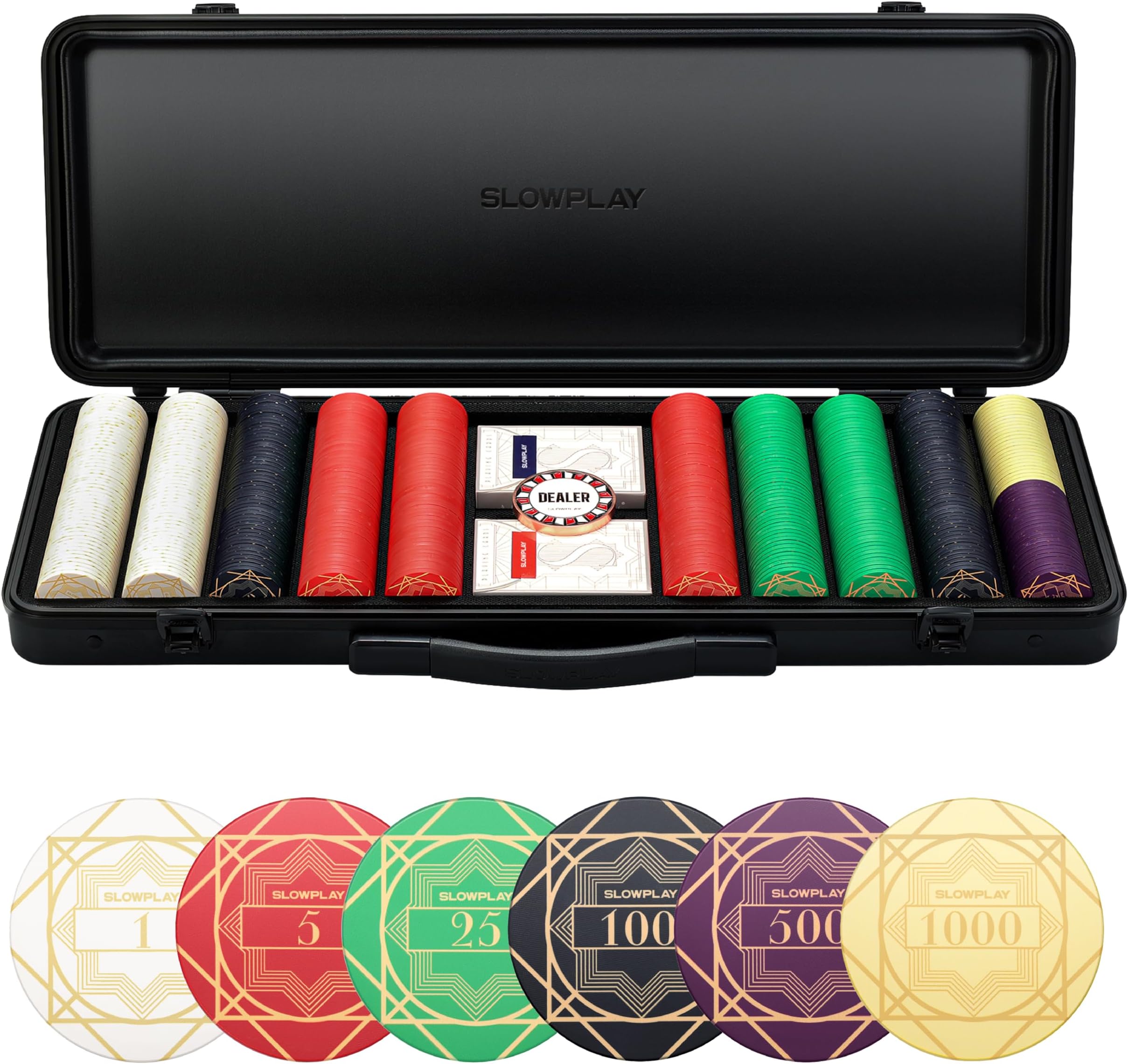 SLOWPLAY Nash Ceramic Poker Chips Set for Texas Hold'em, 500 PCS [with Numbered Values],43mm Poker Chips, 12g Each | Features a High-end Chip case with Extra Durable German Polycarbonate Shell
