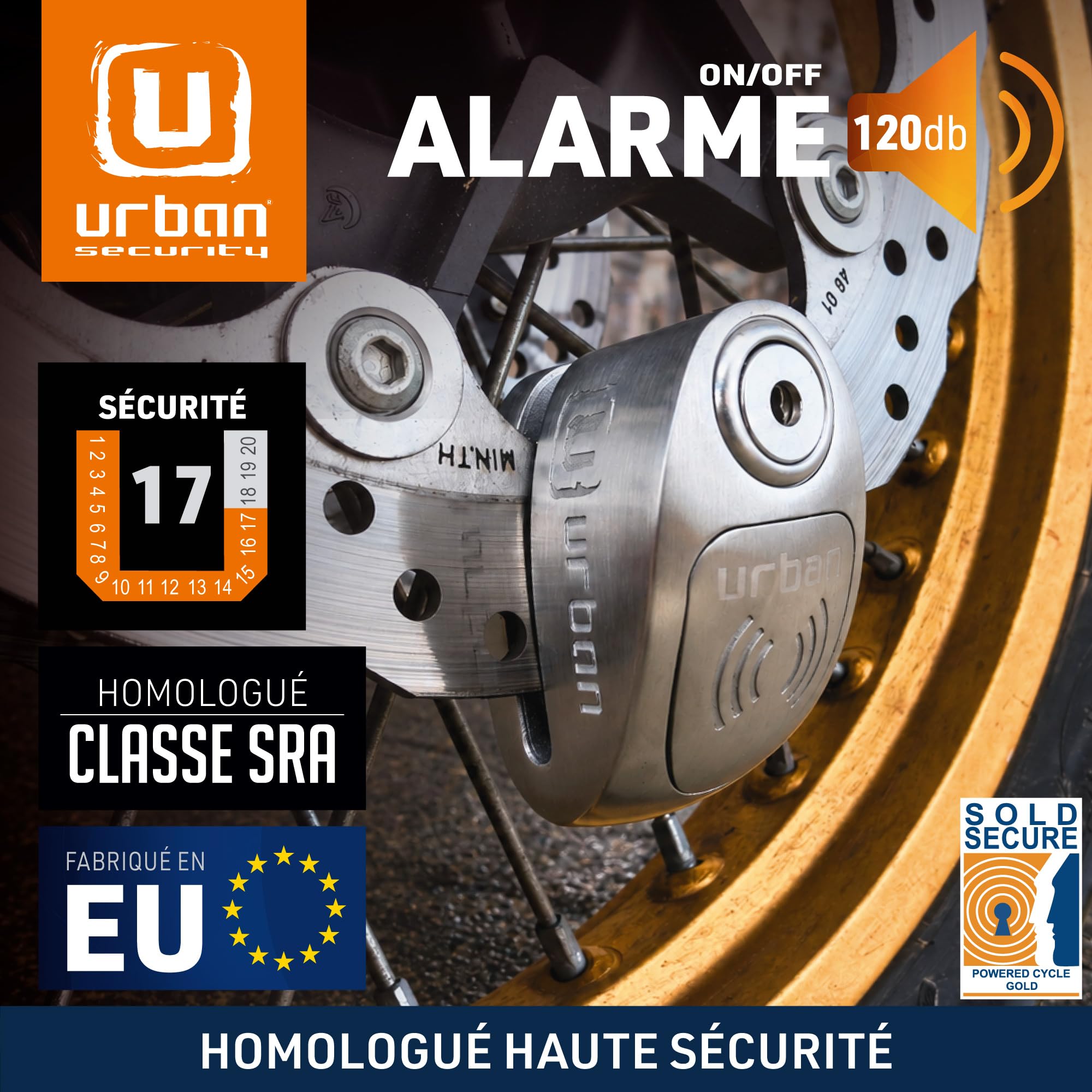 URBAN UR910S Antivol Moto Homologué SRA, Bloque Disque avec Alarme Hi-Tech | 120 dB, X2 ON | Pile CR2, Câble Rappel, Serrure Haute Sécurité, Bloc Double Verrouillage ø10mm, Acier Inoxydable