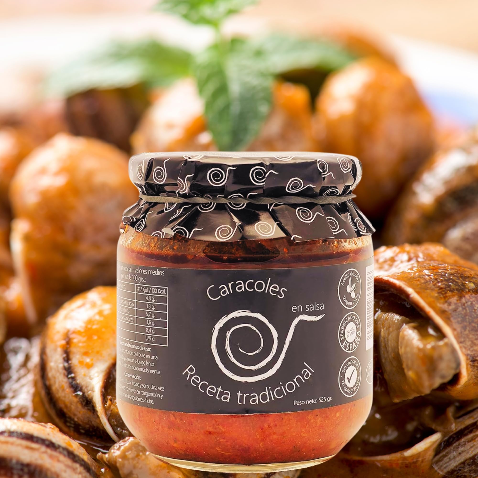 Escargots en sauce. Escargots cuits 550grs. Recette familiale, maison et artisanale. Escargots mijotés. Conserves gourmandes. Cadeau original pour tout le monde. Produit 100% fabriqué en Espagne.