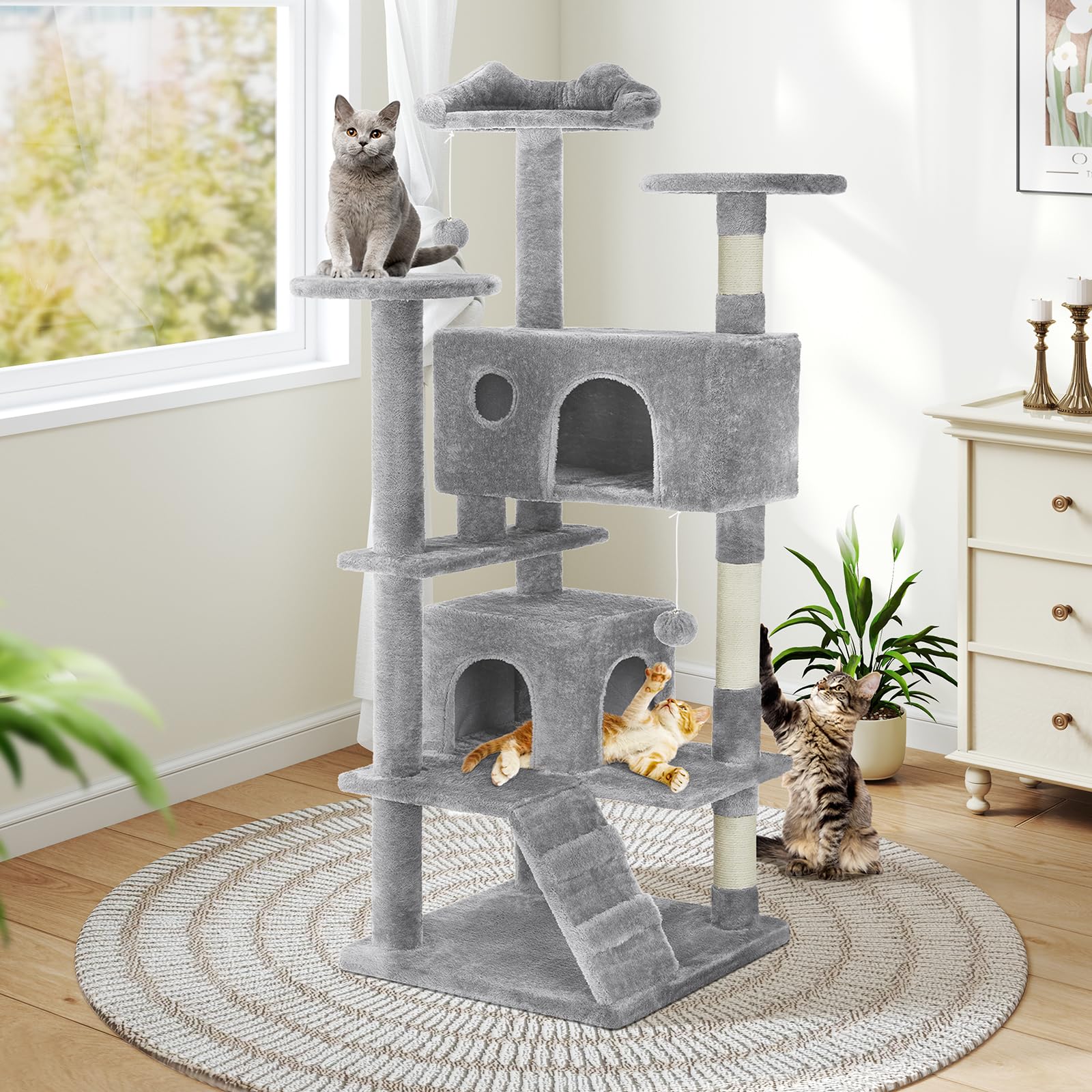 Multi-Level 54 Inches Cat Tree Tower, Indoor Climbing Tree Cat House with Scratching Posts, Condos, Dangling Ball and Round Extended Platform for Cats