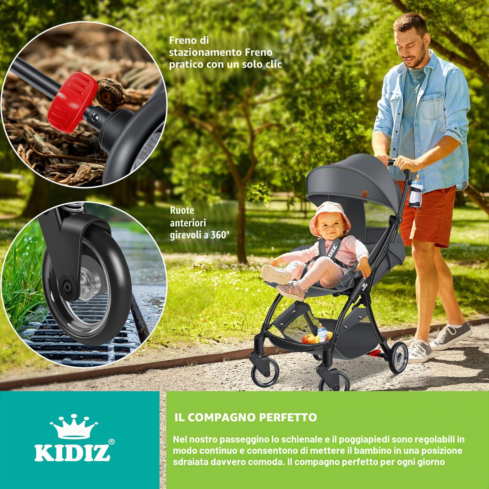 KIDIZ® Premium Passeggino Pieghevole con Ruote 360°, Imbracatura 5 Punti, Portabibite, Parapioggia, Schienale Regolabile, Capottina Parasole, Antracite