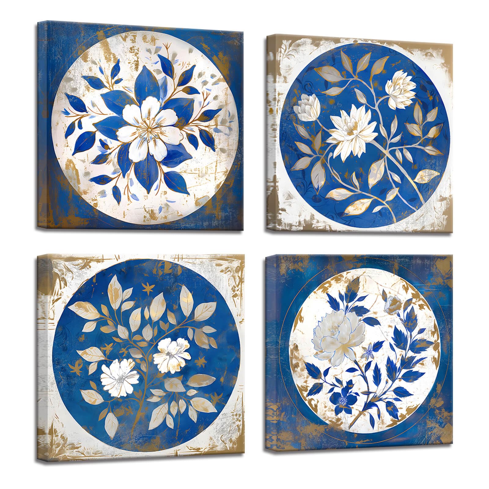 Bathroom Pictures for Walls Set of 4 Navy Blue Rustic Floral Canvas Wall Art Painting Prints Vintage Artwork for Walls Blue Bathroom Set Farmhouse Decor Blue Flower Pictures Stretched 14x14inchx4pcs