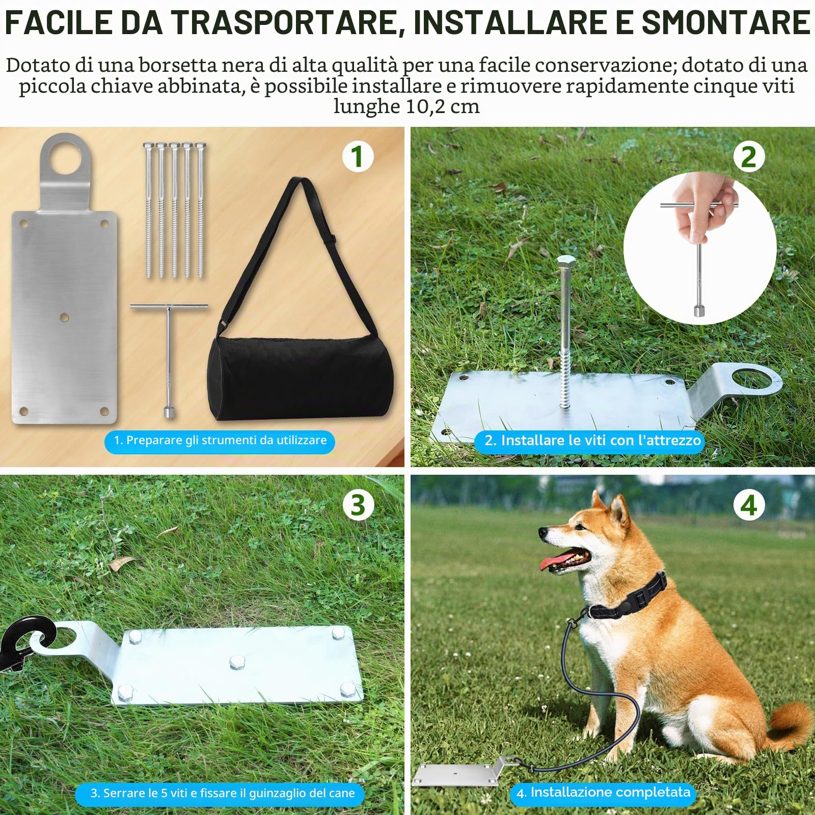 2in1 Multifunzionale Paletto Per Cani In Acciaio Inox Robusto E Stabile Per Auto Roulotte Camper Supporto Da Terra Per Cortile Spiaggia Campeggio Argento