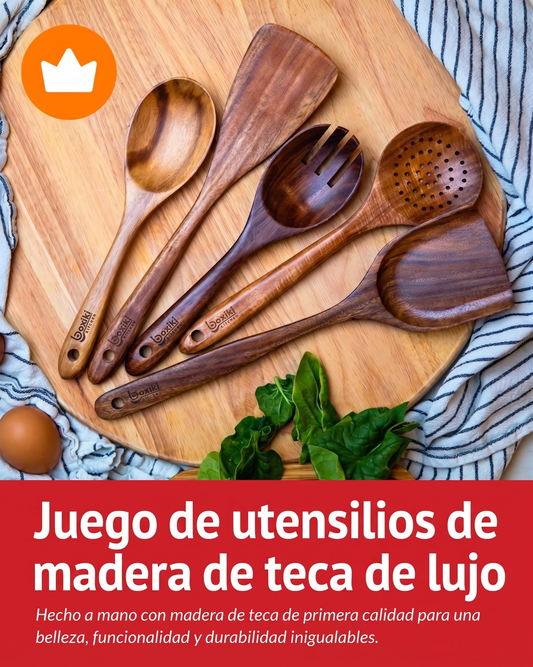 Boxiki Kitchen - 6 Cucharas de Madera para Cocinar - Set Duradero con Acabado Suave de Madera de Teca - Set de Cucharas y Espátula para Sartén Antiadherente para Uso Diario