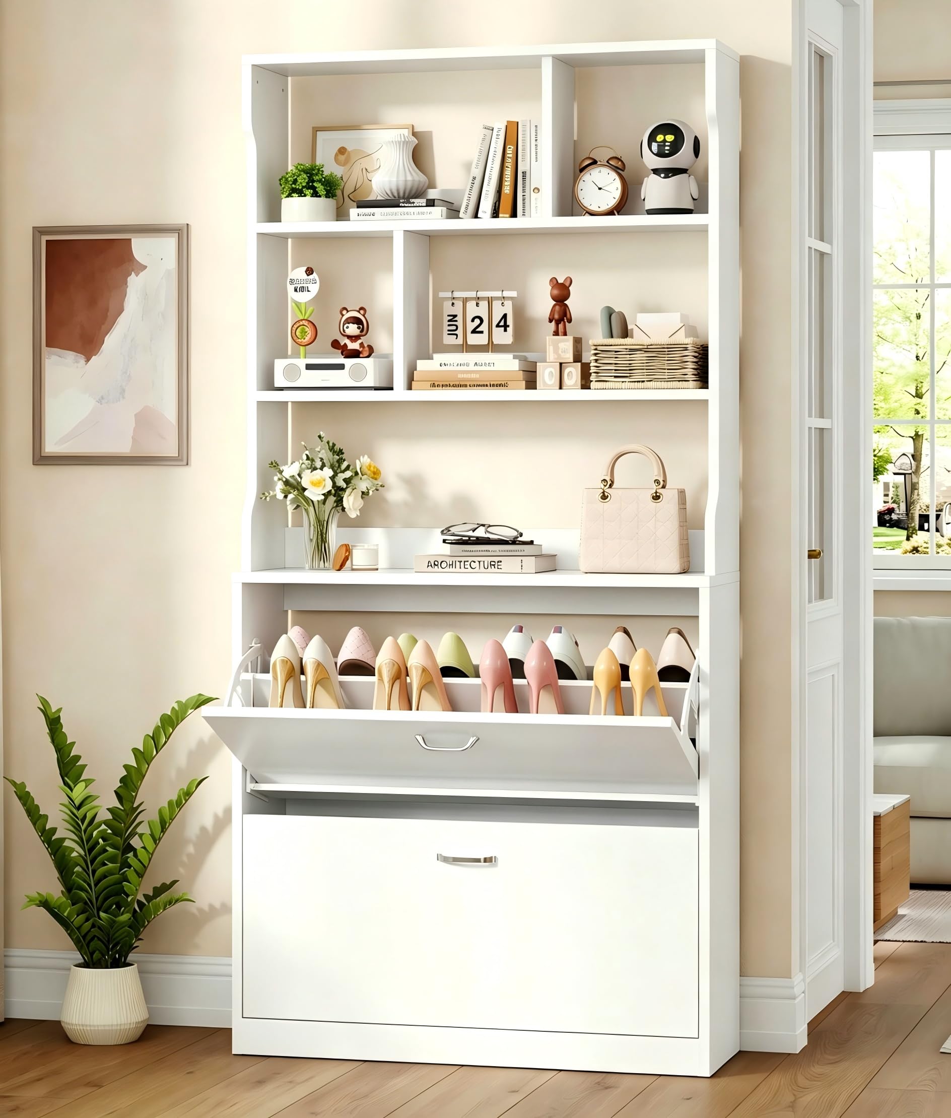 IRONCK Shoe Cabinet, 2 Flaps, Narrow Shoe Rack, Open Compartment, High Shoe Storage, Wooden Shoe Chest of Drawers with Adjustable Dividers for Hallway, Entrance, Living Room, 24 x 80 x 165 cm ⟮White⟯