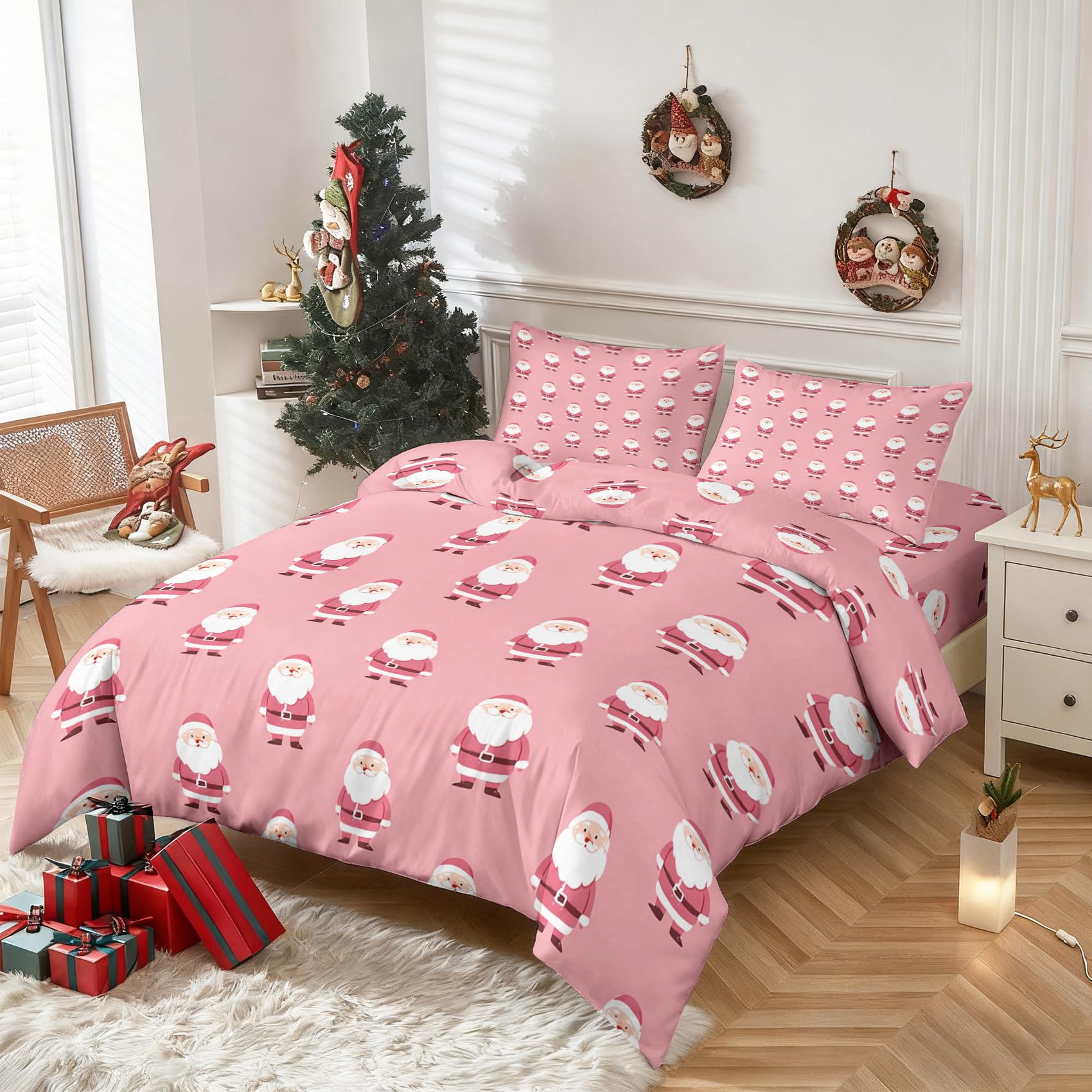 Double Duvet Cover Set Pink Christmas Santa, Reversible Double Bedding Sets Xmas Girl Holiday Pattern for Bedroom Decor, Soft Microfibre Quilt Cover, 2 Pillowcases, Zip XHDB18