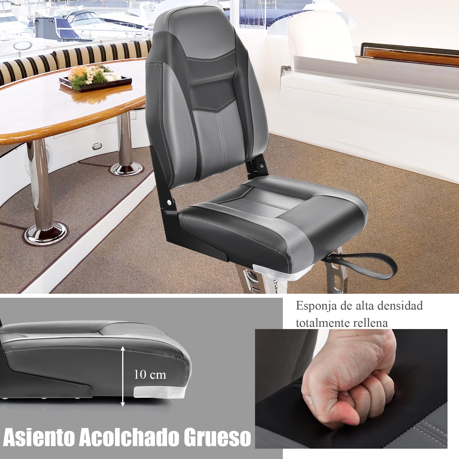 GOPLUS Juego de 2 Asientos de Barco 1PC Asiento de Pesca Plegable con Cojín Acolchado Suave y Costuras Reforzadas, Diseño Ergonómico 115KG de Capacidad para la Pesca en Yate (Negro)
