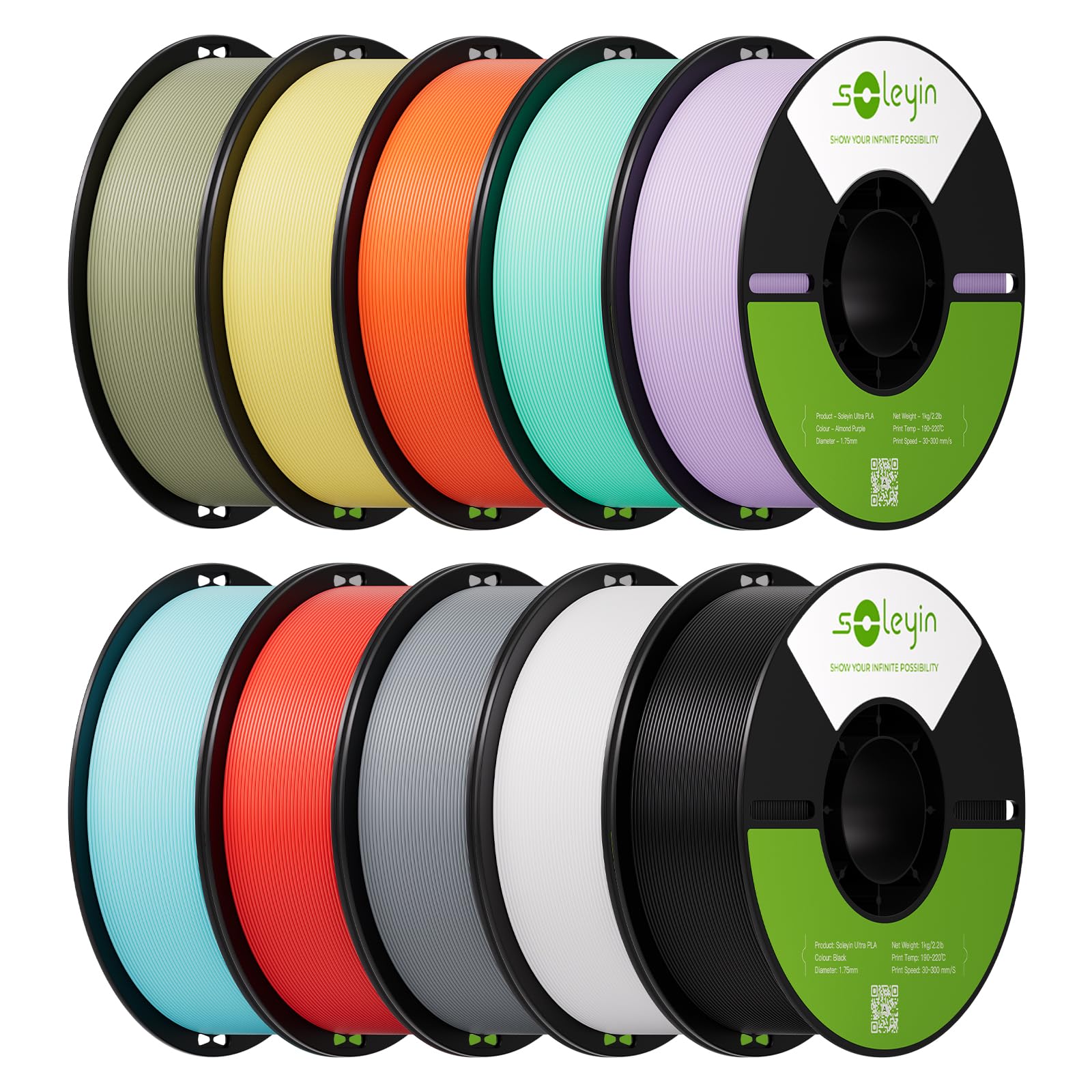 SOLEYIN Filamento Ultra PLA 1,75 mm, pacco PLA 10 kg, nero/bianco/grigio/rosso/giallo/arancione/blu/verde chiaro/verde/viola