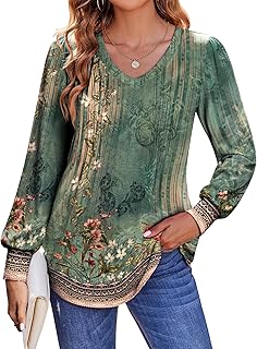 Zeagoo Women's Puff Long Sleeve Shirts Pleated V Neck Fall Tunic Tops Bl...