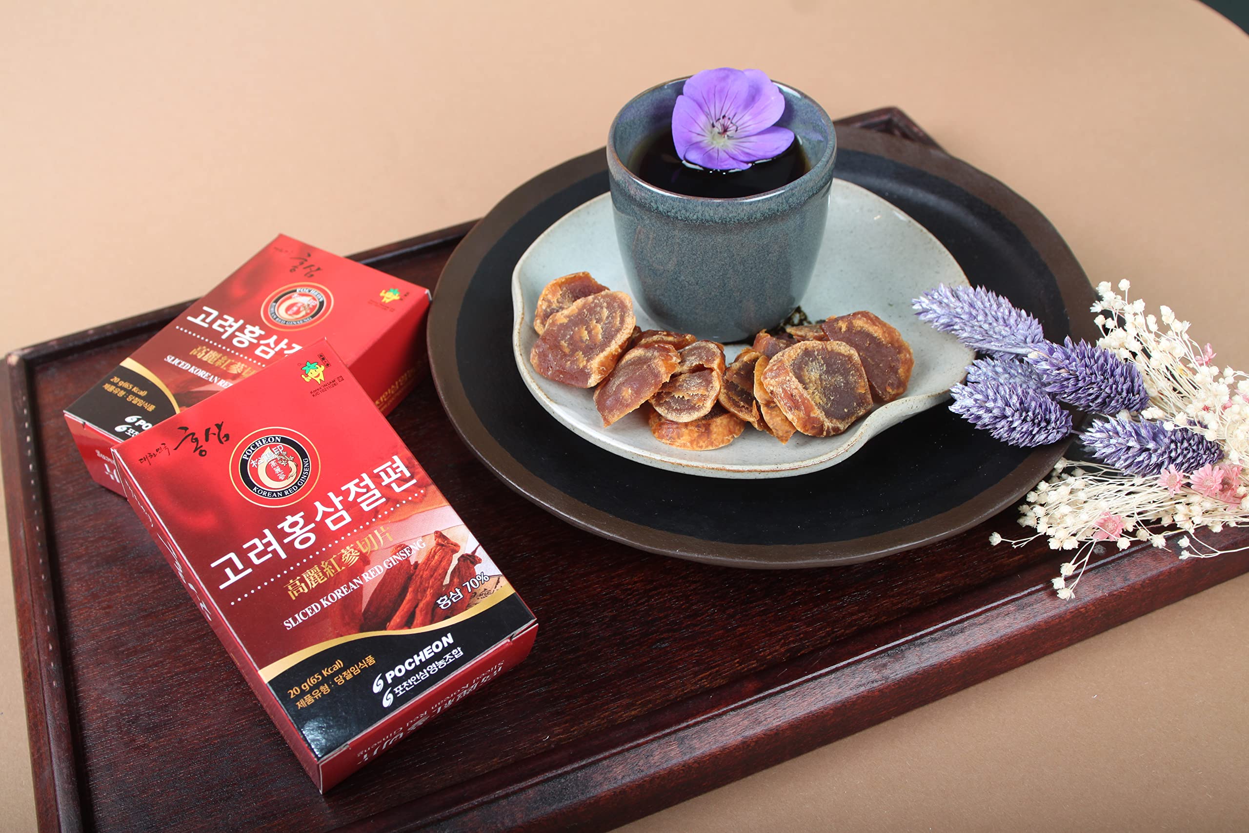 Pocheon koreański czerwony żeń-szeń w plasterkach 200 g (20 g x 10), koreański 4,5 roku panax żeń-szeń, naturalne wsparcie odpornościowe, dostępna jako herbata