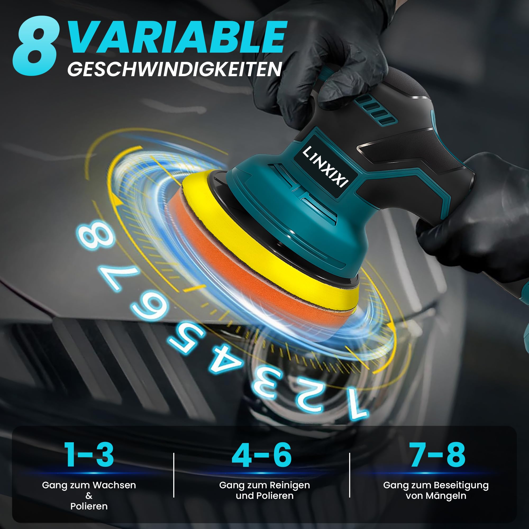Poliermaschine Auto für Makita 18V-Akku, 6 Zoll Orbital Auto Politur mit 8 Variablen Geschwindigkeiten,27pcs Auto poliermaschinen Set, für Polieren/Wachsen/Autodetaillierung (ohne Akku)