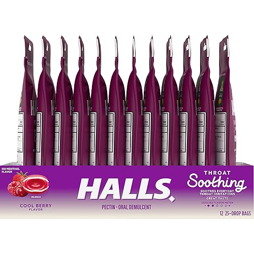 Miniatura 12 de HALLS Gotas calmantes para la garganta (anteriormente HALLS Breezers) Cool Berry Throat Drops, 12 bolsas de 25 gotas (300 gotas en total)