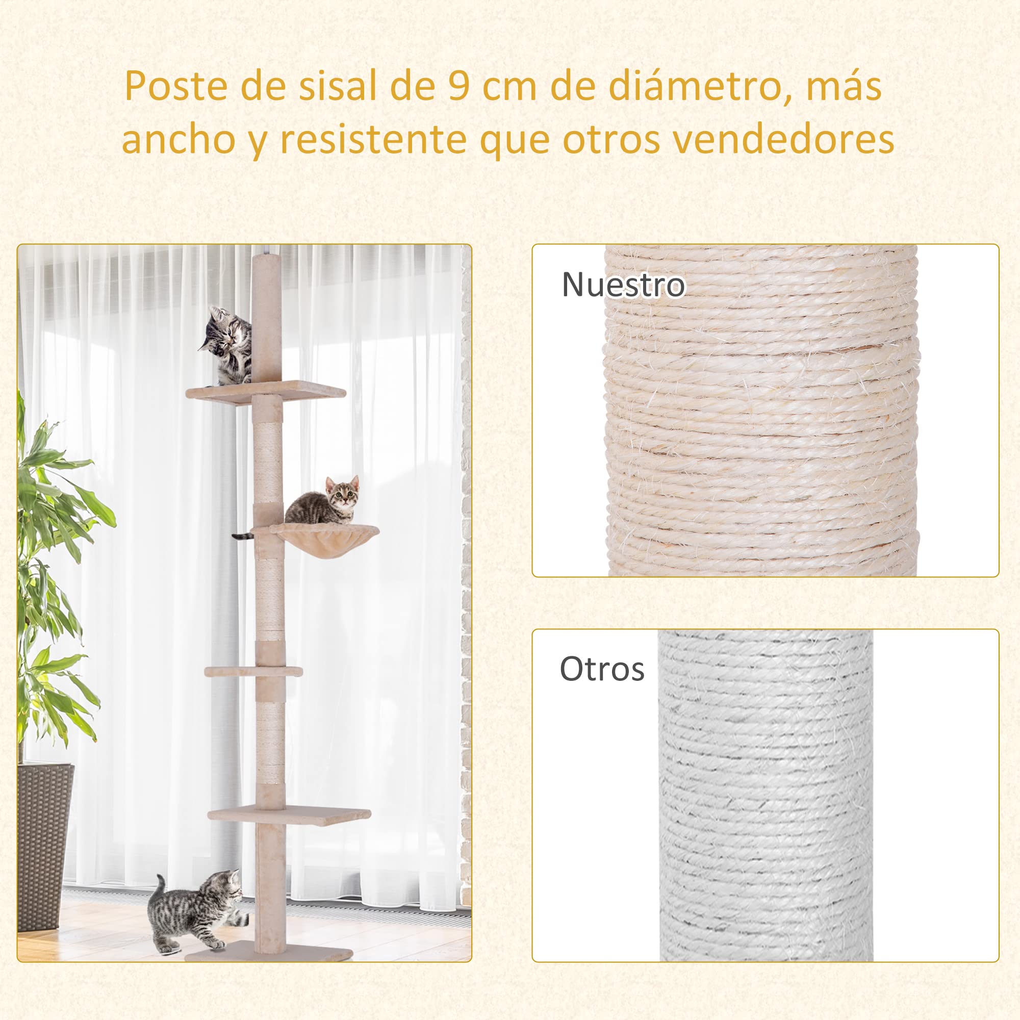 PawHut Árbol para gatos Torre Rascador de Gato de 5 Niveles Fijado al Techo Ajustable en Altura con Múltiples Plataformas Cubierta de Felpa Suave 40x34x230-260 cm Beige
