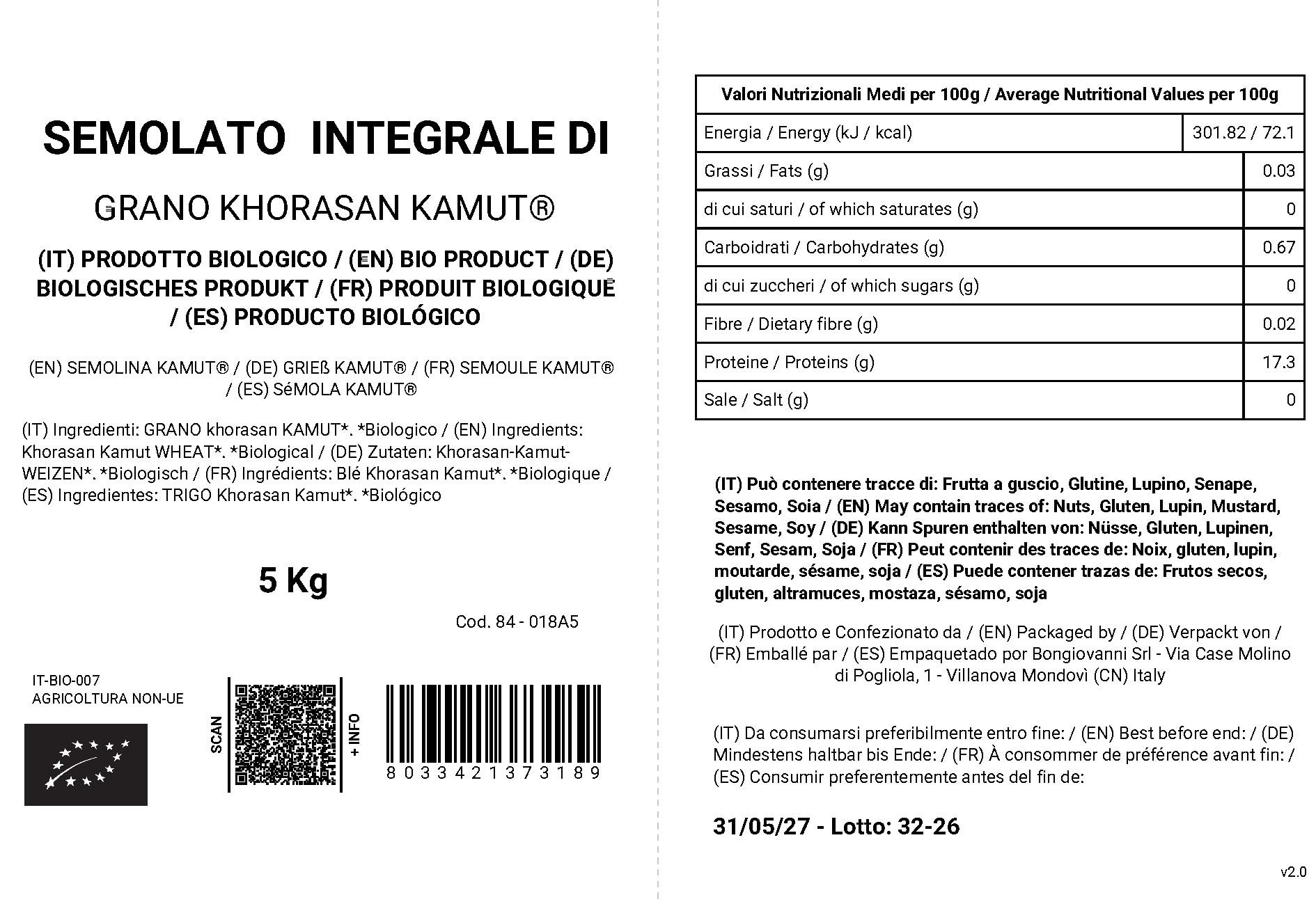 Bongiovanni Farine e Bonta' Naturali Semolato Integrale di Grano Khorasan Kamut - 5 kg