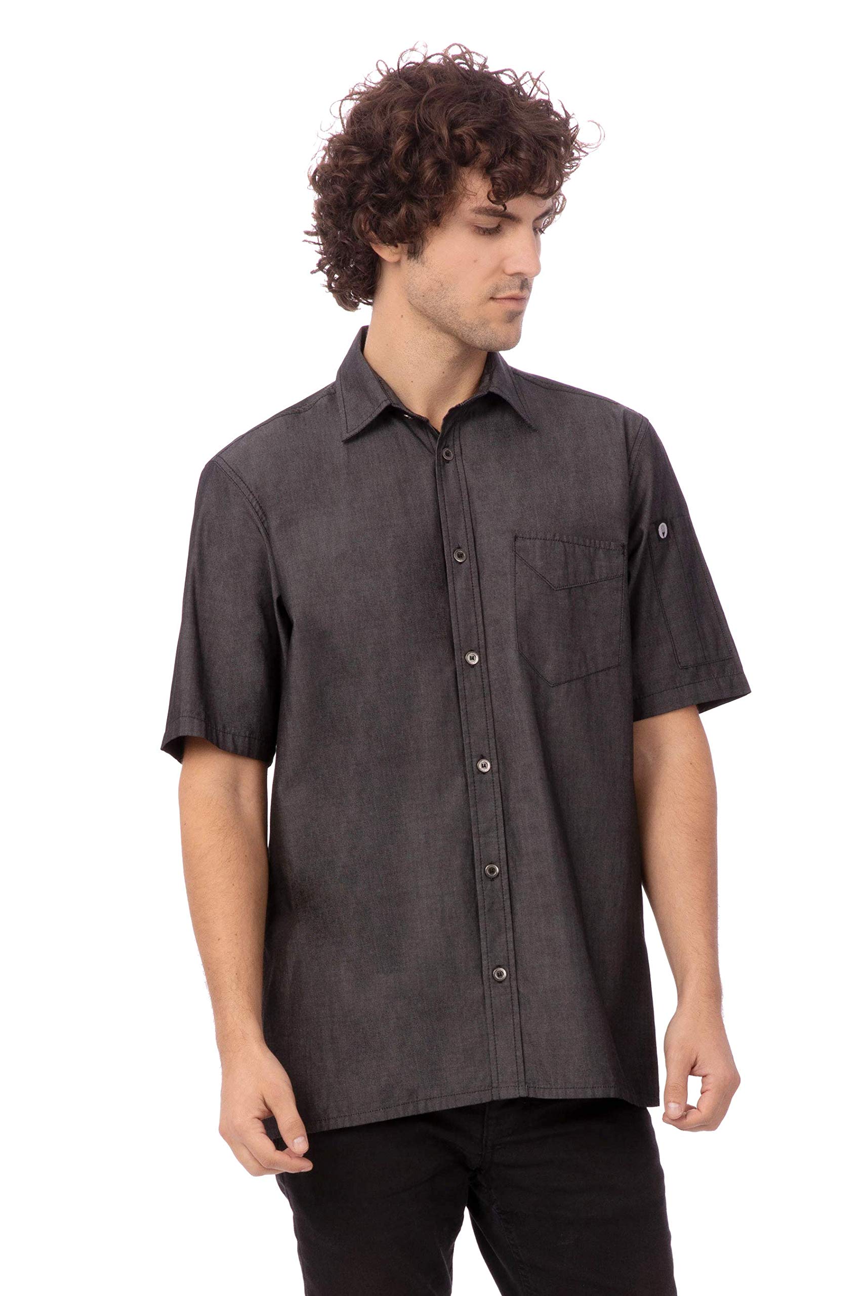 Chef Works Custom Embroidered Mens Detroit Short Sleeve Denim Shirt, Black, L