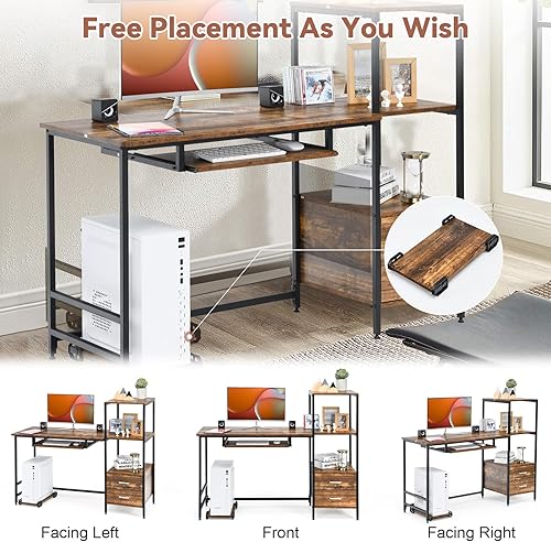 Miniatura 5 de COSTWAY Escritorio para computadora de 555 pulgadas escritorio de oficina en casa con estantes 2 cajones bandeja para teclado y soporte de CPU