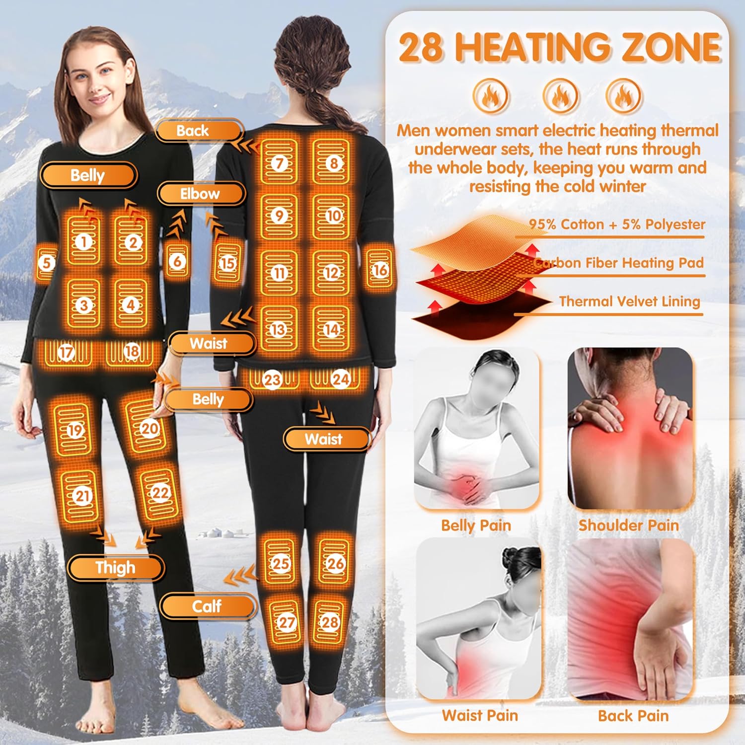 Electric Heating Underwears Set, Women Heated Shirt and Pant Winter Thermal Long Johns Set for Hunting Motorcycle