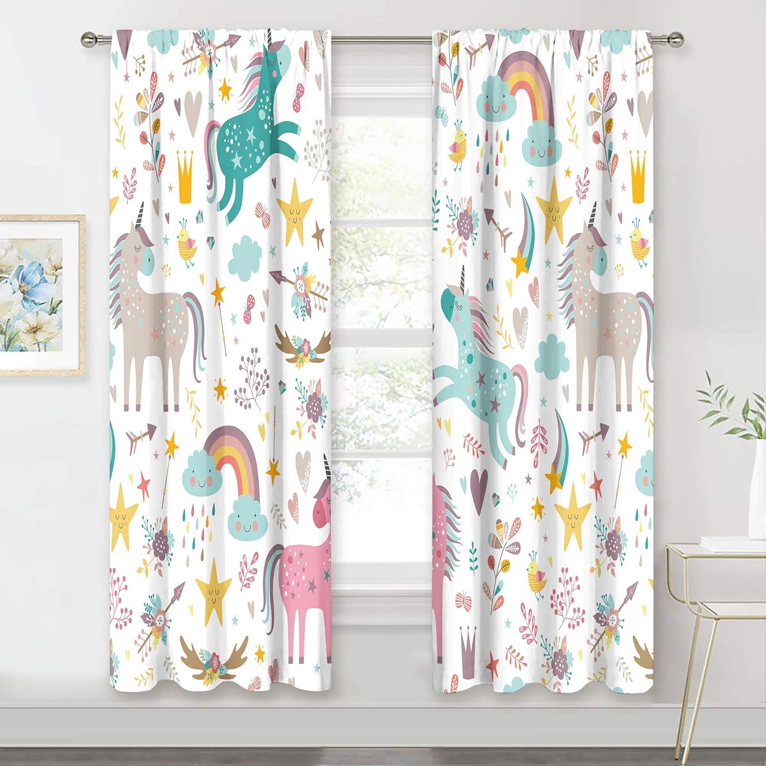 Kids Unicorn Curtains 2 Panels 42 (W) x 63(H) Inch Rod Pocket Baby