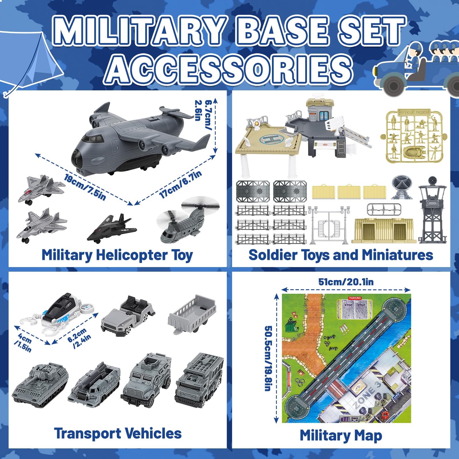 deAO Set di Giocattoli Militari, con Veicolo Militare, Accessori per Armi, Parcheggio, Aereo, Accessori per Veicoli e Mappa di Gioco, Fantastico Giocattolo Militare per Bambini di 3, 4 e 5 Anni
