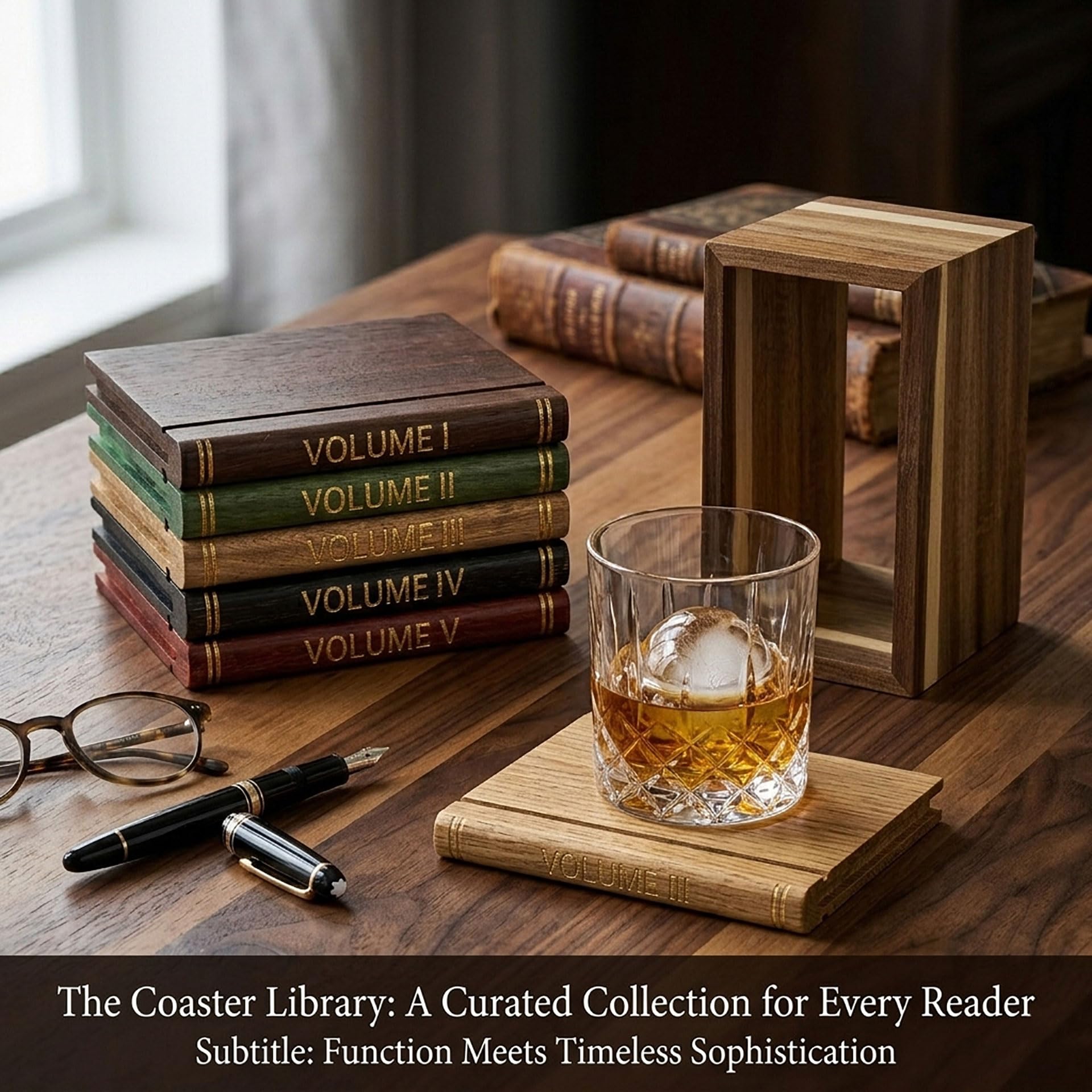 Book Coasters Zestaw 5 podstawek z drewna akacjowego, z uchwytem na napoje, do baru, filiżanki, szklanki, podstawki na stół, dekoracyjne, prezenty, 2 zestawy 5,9 x 8 x 14,5 cm
