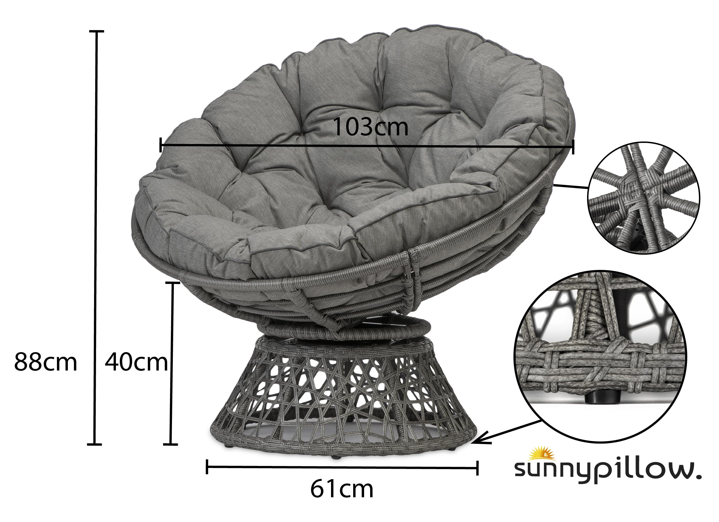Sunnypillow Fauteuil Papasan Pivotant 360° – Grand Confort avec Coussin Épais Ø 120 cm – Rotin Hydrofuge & Résistant UV – Intérieur & Extérieur – Fauteuil Rond pour Jardin, Terrasse, Balcon – Gris