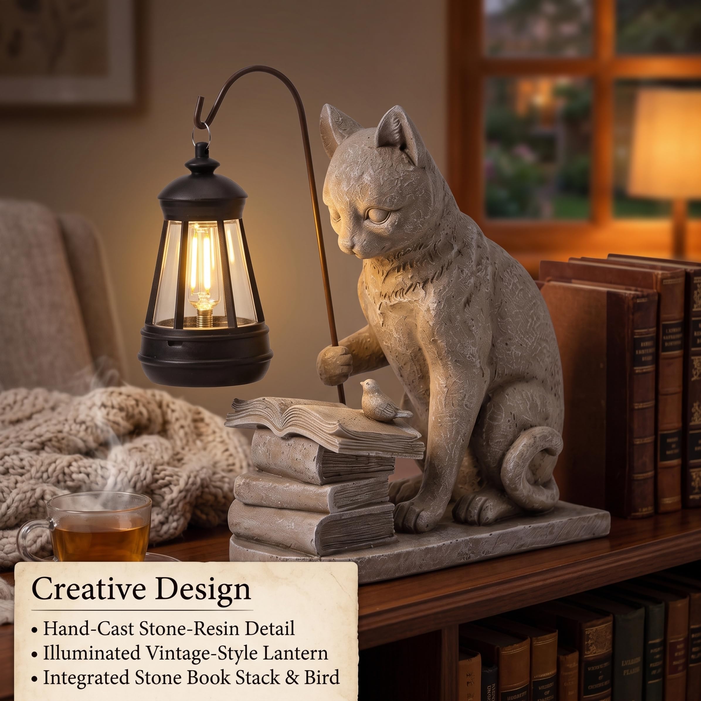 Luci solari per gatti da giardino all'aperto, statua in resina da 8, 3 pollici per gatti con libro di lettura con lanterna solare, figurine decorative impermeabili per patio, decorazioni per prato e b