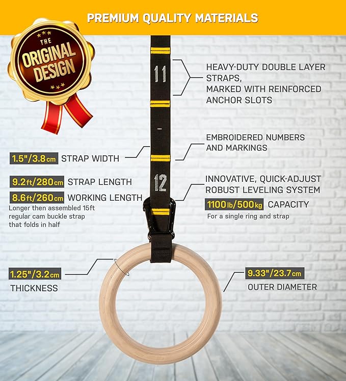 With the Double Circle Wood Gymnastics Rings, users can perform exercises like pull-ups, dips, muscle-ups, and more, all while improving their strength, flexibility, and balance. These rings are a great addition to any home gym and can provide a fun and effective way to achieve fitness goals. Description by ChatGPT.