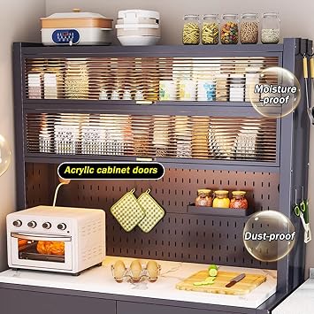 JKGHK Kitchen Storage Sideboard Cabinet, Tall Bakers Rack Countertop with Stone Slab Countertop, Standing Pantry with Pegboard and Adjustable Shelves for Home Coffee Bar(White,31x62in)