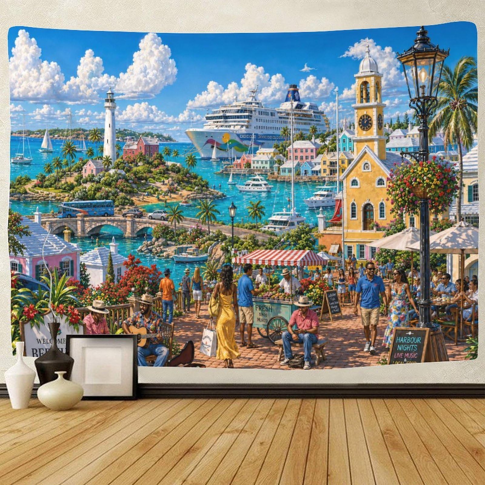 ASDFGHJKLZA Bermuda Harbor 3D Print Tapestry for Bedroom Wall Hanging Decor Cruise Ship Tapestries Home Decoration Curtain Living Room College Dorm 150cmx200cm
