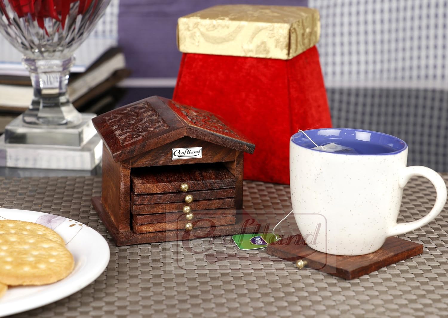 Craftland Wooden Handcrafted (Carved) hut Shaped Coaster Set of 6 for Kitchen/Dining Table Decorative Item for Table/Home