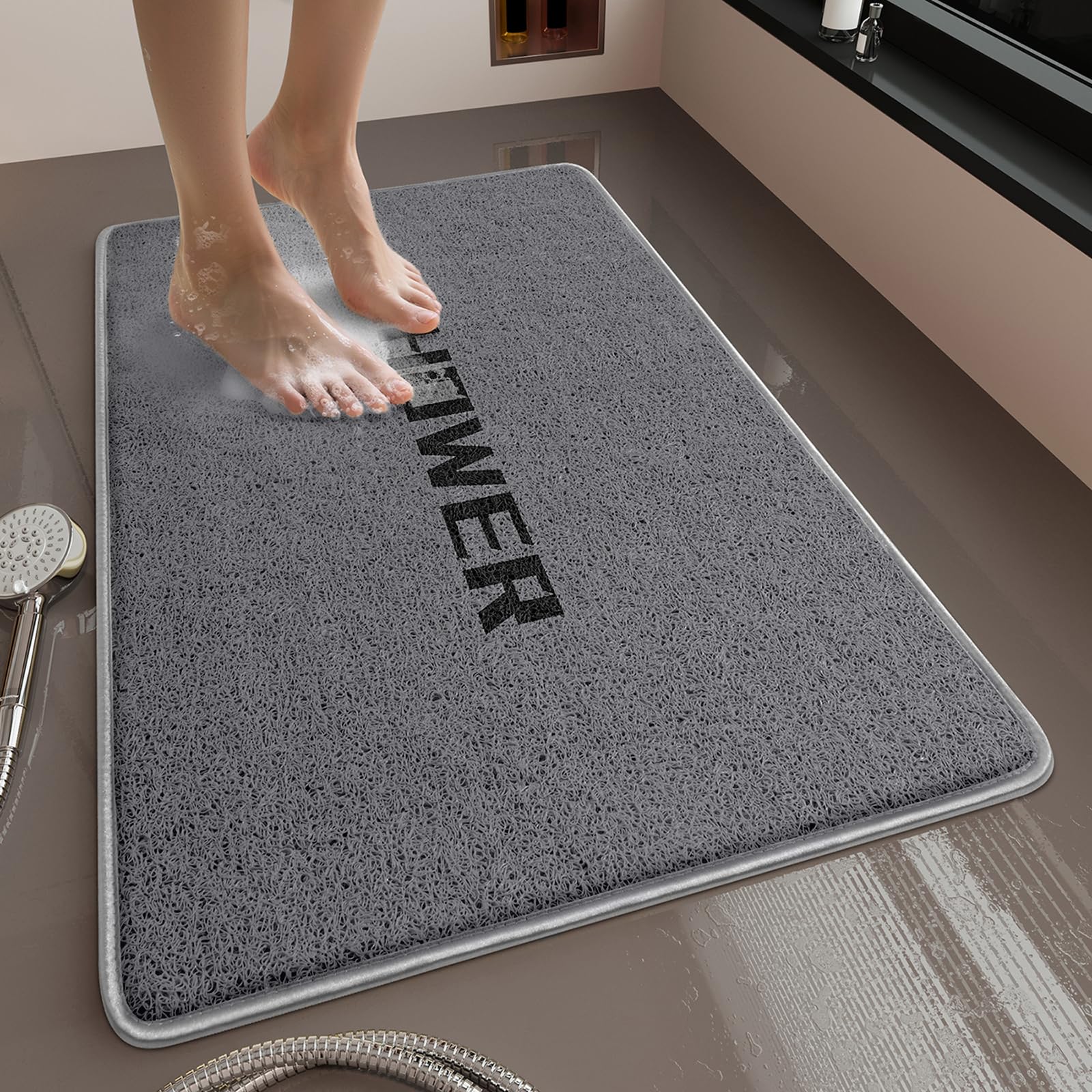 Muecleao Loofah Shower Mat, Non Slip Anti Mould Bath Mats with Reinforced Edge for Inside Shower, Washable Antibacterial Soft PVC Bath Mat with Drain (Grey Shower, 60 x 40 cm)