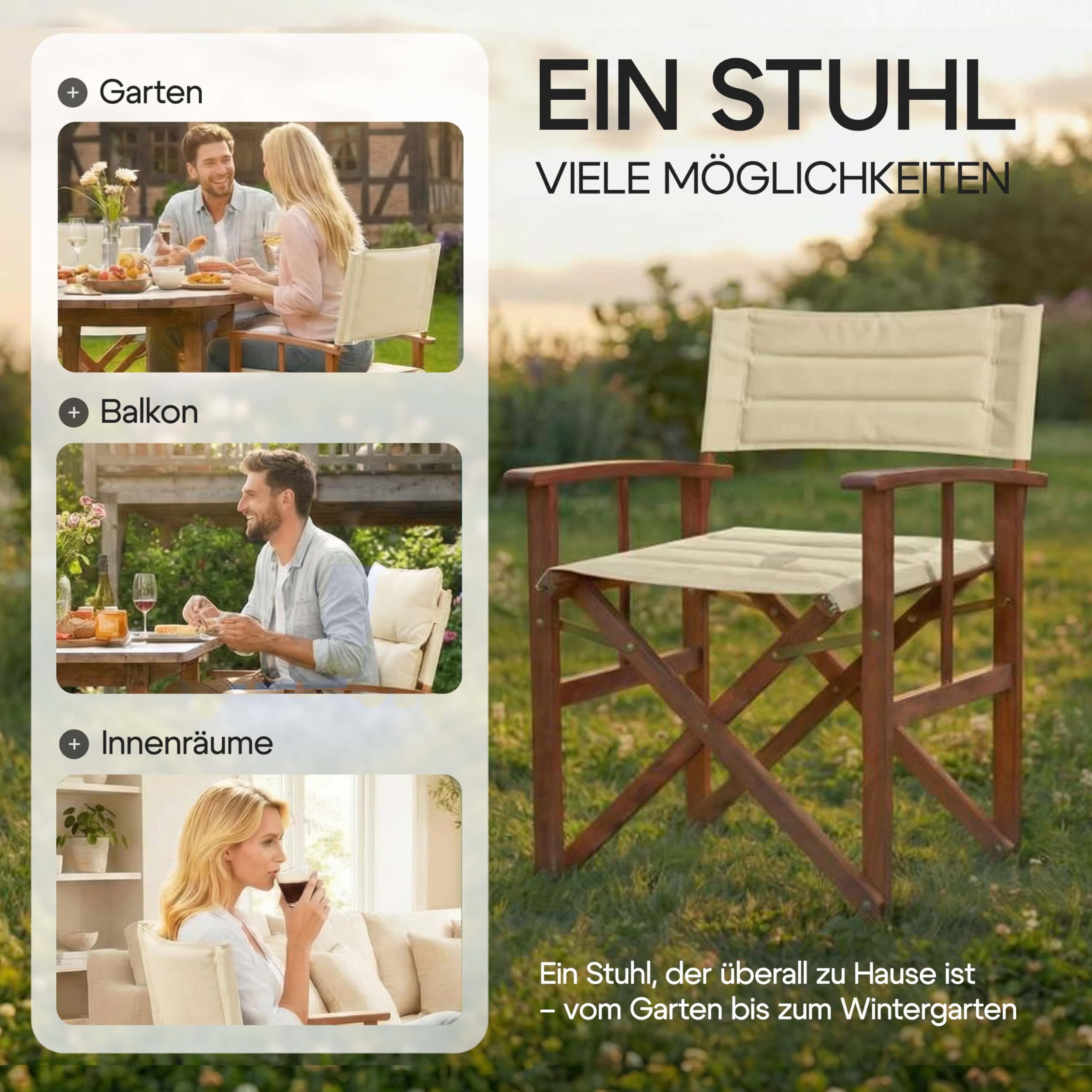 Casaria® Premium Regiestuhl 2er Set aus FSC®-zertifiziertem Eukalyptusholz - Gepolsterte Klappstühle mit Armlehnen, waschbarem Bezug & extra Sitzkomfort, bis 160 kg belastbar