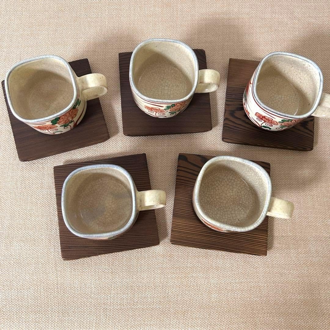 花柄陶器カップ5個セットと木製ソーサー 花柄陶器カップ 5個セット