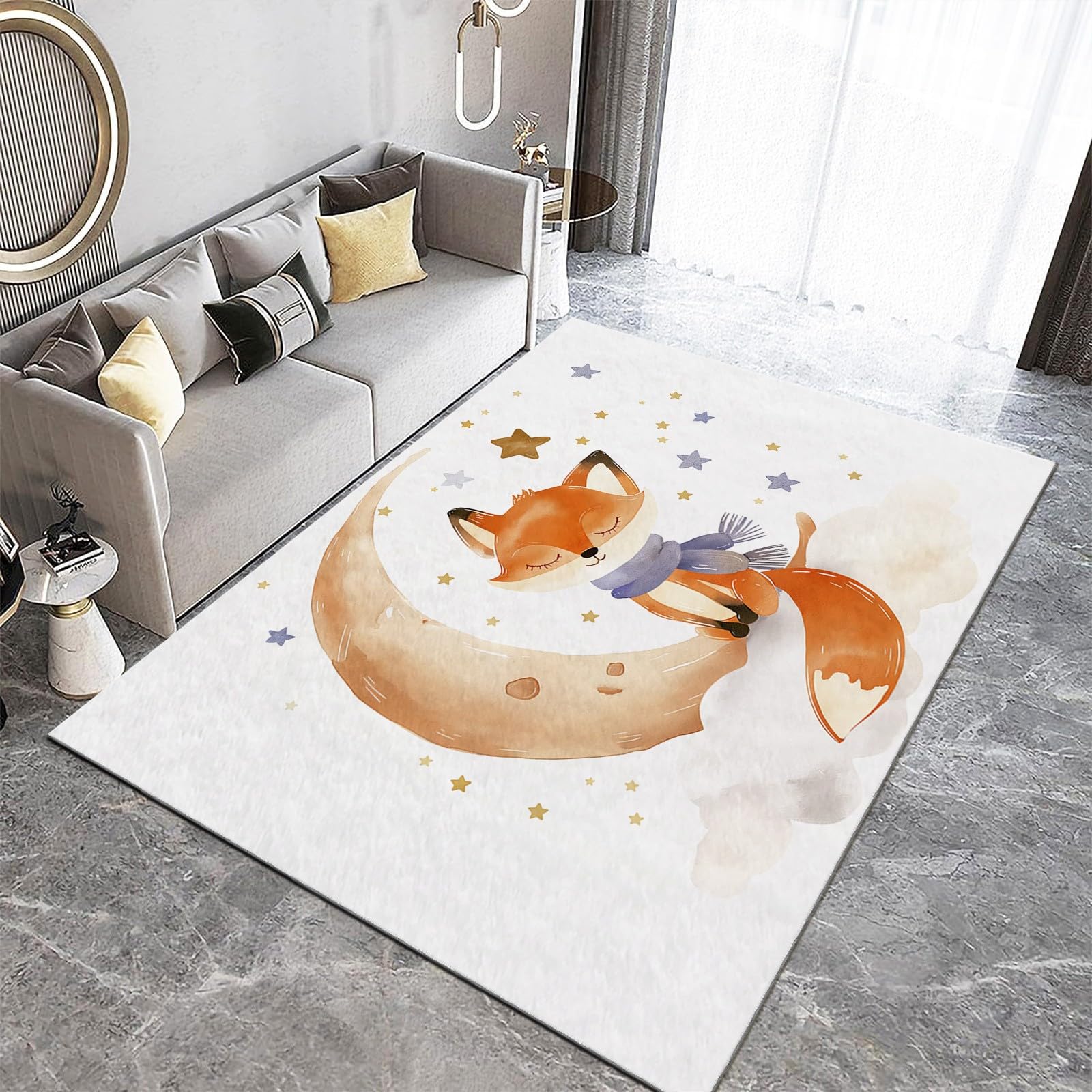 Tapis Poil Court Intérieur Lavable en Machine Aquarelle Renard Lune Doux Moelleux Chambre Enfants Blanc Salon Salle Cuisine Résistant Antidérapant 80x150cm