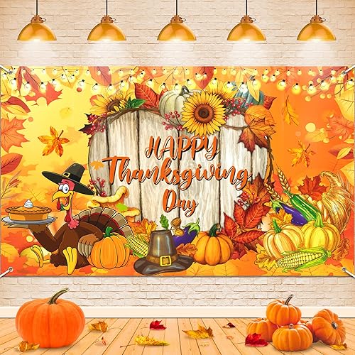 Cartel grande de feliz día de Acción de Gracias para exteriores, pavo, calabaza, hojas de arce, telón de fondo para patio, decoración de fondo de