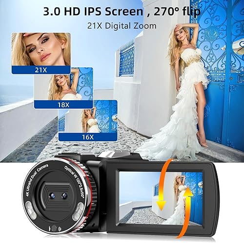 Miniatura 5 de Cámara de Video, Videocámara 4K, Cámara de 64MP 30FPS de Doble Lente con Micrófono Inalámbrico para Vlogging YouTube, Pantalla Ultra HD de 3