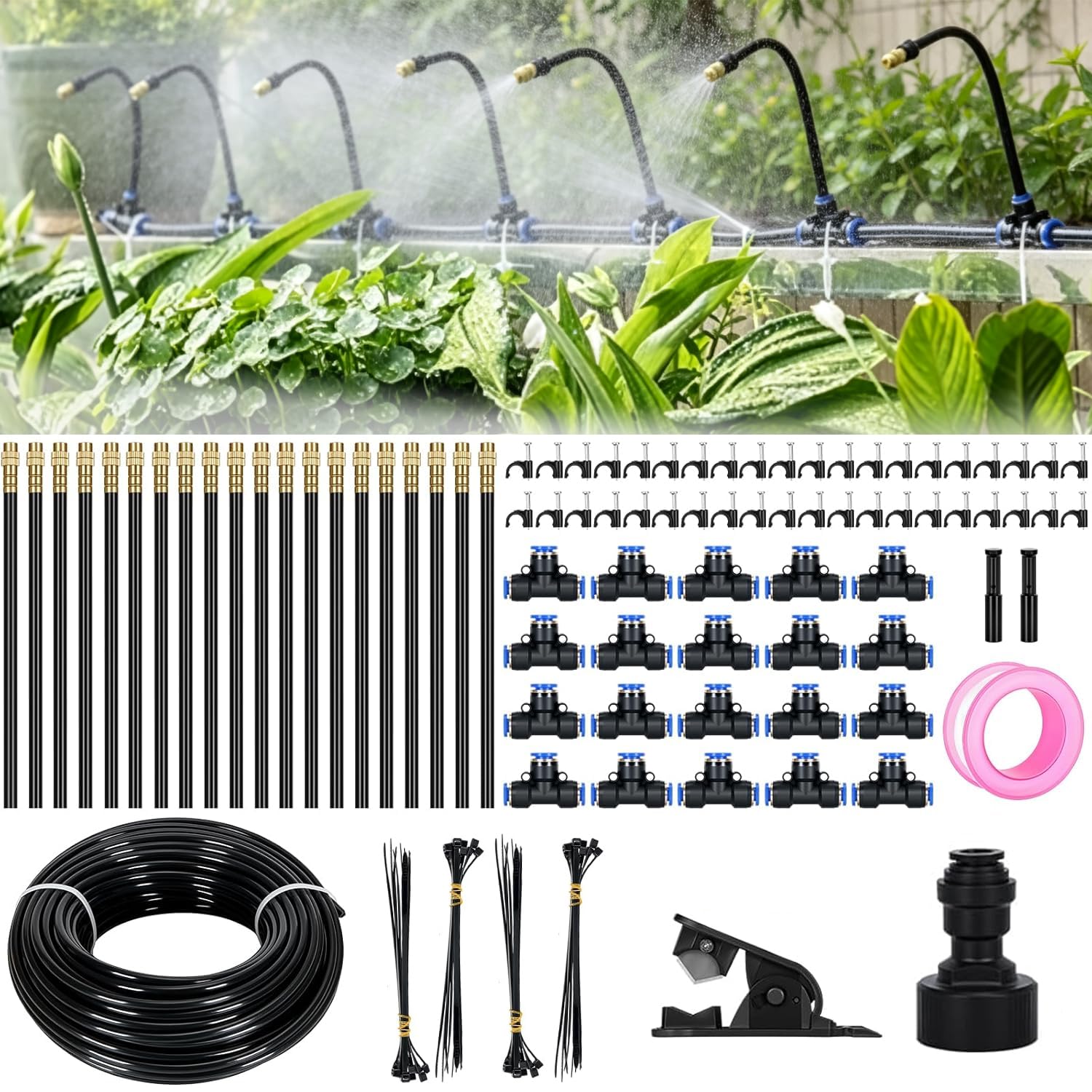 Bewässerungssystem Garten, 360° Einstellbar Gartenbewässerung, 20M Bewässerungsschlauch Kit mit 20 Stück Einstellbare Düse für Balkon, Pflanzen, Landschaft, Gewächshaus, Terrasse, Urlaub