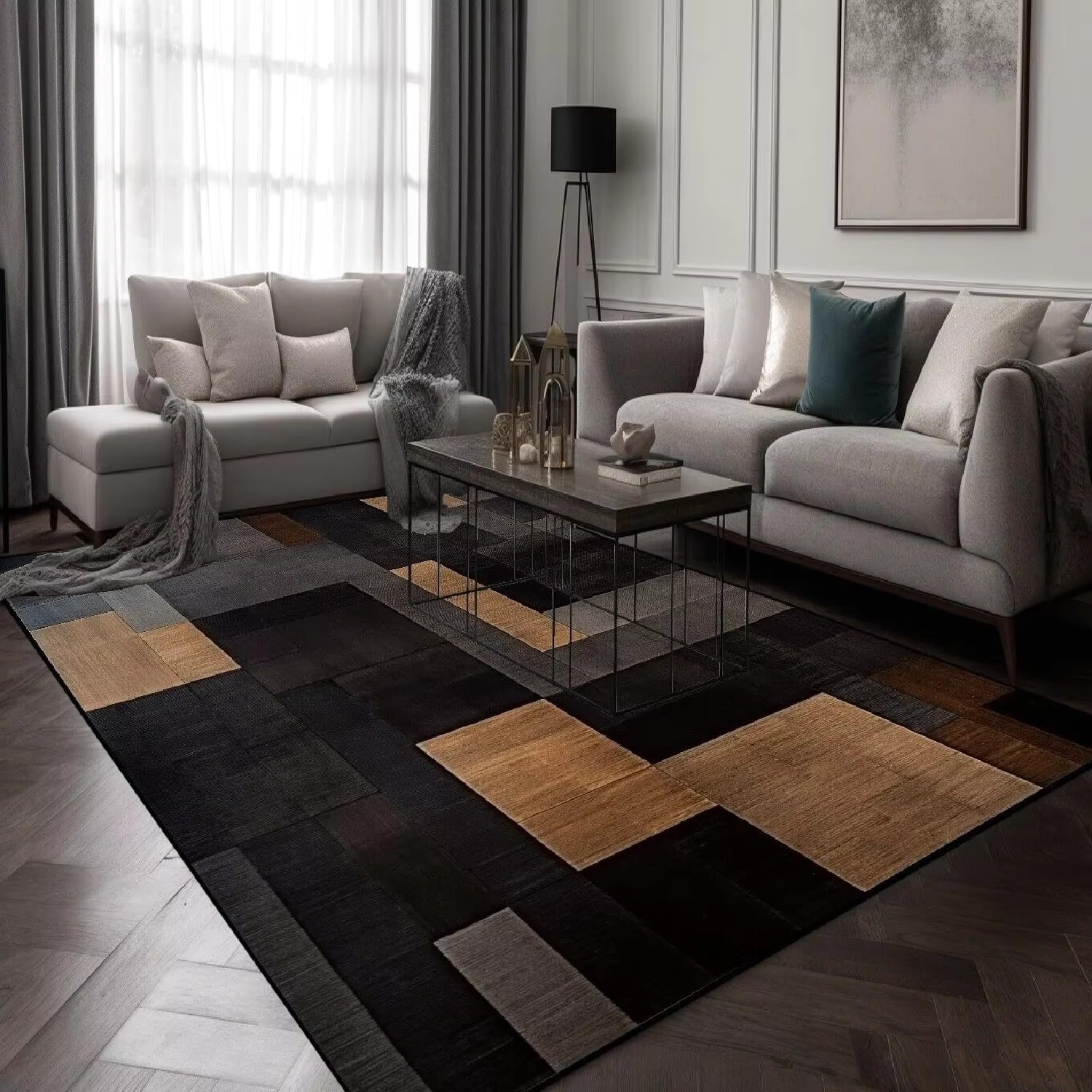 Tapis de salon géométrique à carreaux 100x200cm multicolore et lavable