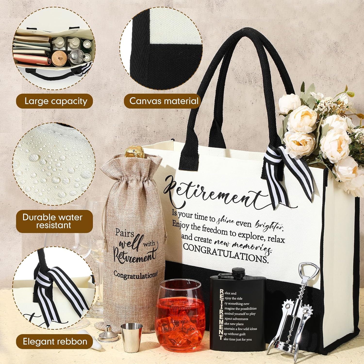 Teenyyou 8 Pcs Retirement Gift for Woman 2026 Happy Retirement Gift for Teacher Red Wine Glass Theme Tote Bag Hip Flask Wine Bag Opener Bottle for Coworkers Staff Friends
