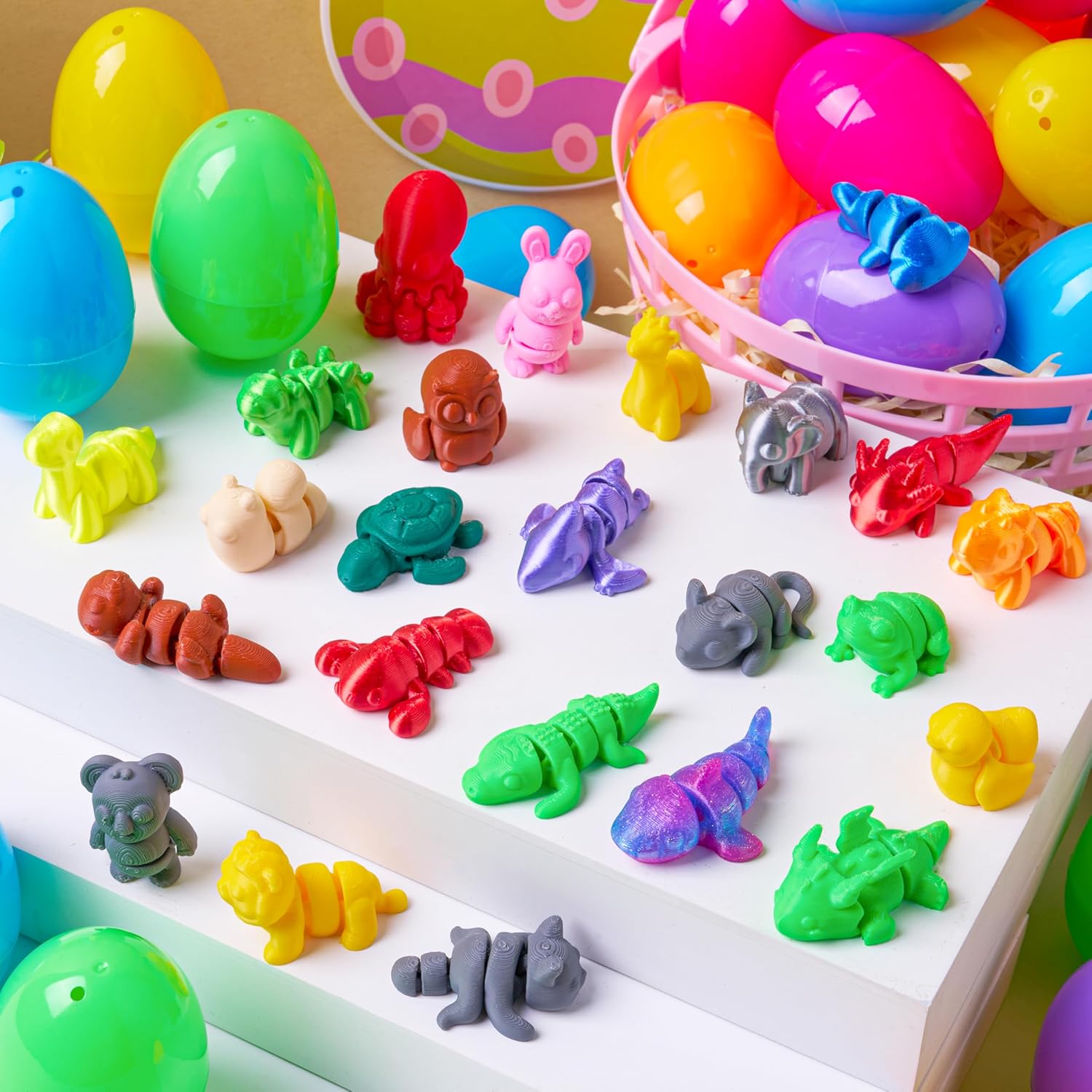 JOYIN 24 Pcs Prefilled Easter Eggs with 3D printed Mini Animals, 3D Articulated Toys for Party Favors, Basket Stuffers, Goodie Bag Fillers, Classroom Prize Supplies, Party Games for Boys & Girls