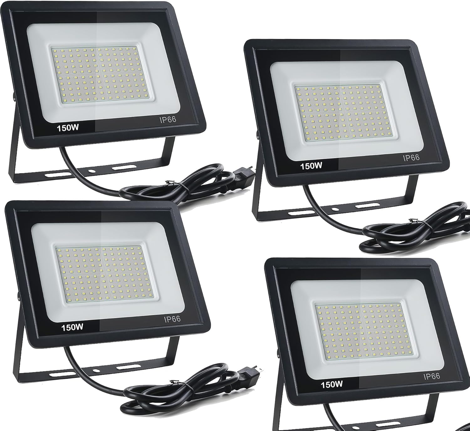 4 Pack 150W LED Flood Light Outdoor, 18000Lm Super Brighter Security Lights, IP66 Waterproof Work Light with Plug, 6000K Daylight White Exterior Floodlight for Yard Garden Garage Stadium