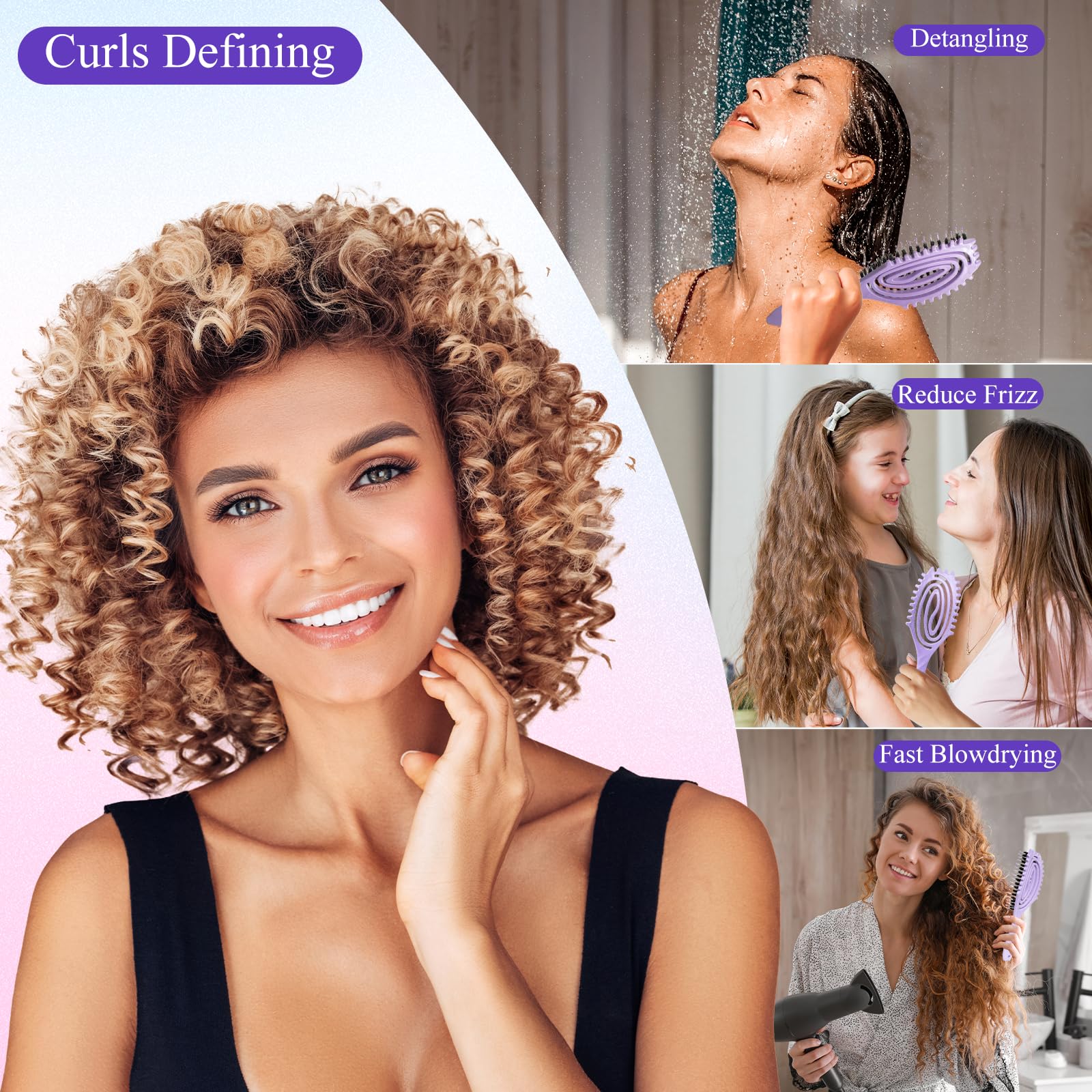 Cepillo definidor de rizos, cepillo de cerdas de jabalí para desenredar el cabello para mujeres y niñas, cabello grueso, rizado, ondulado, uso en seco y húmedo, secado rápido, cepillo de peinado