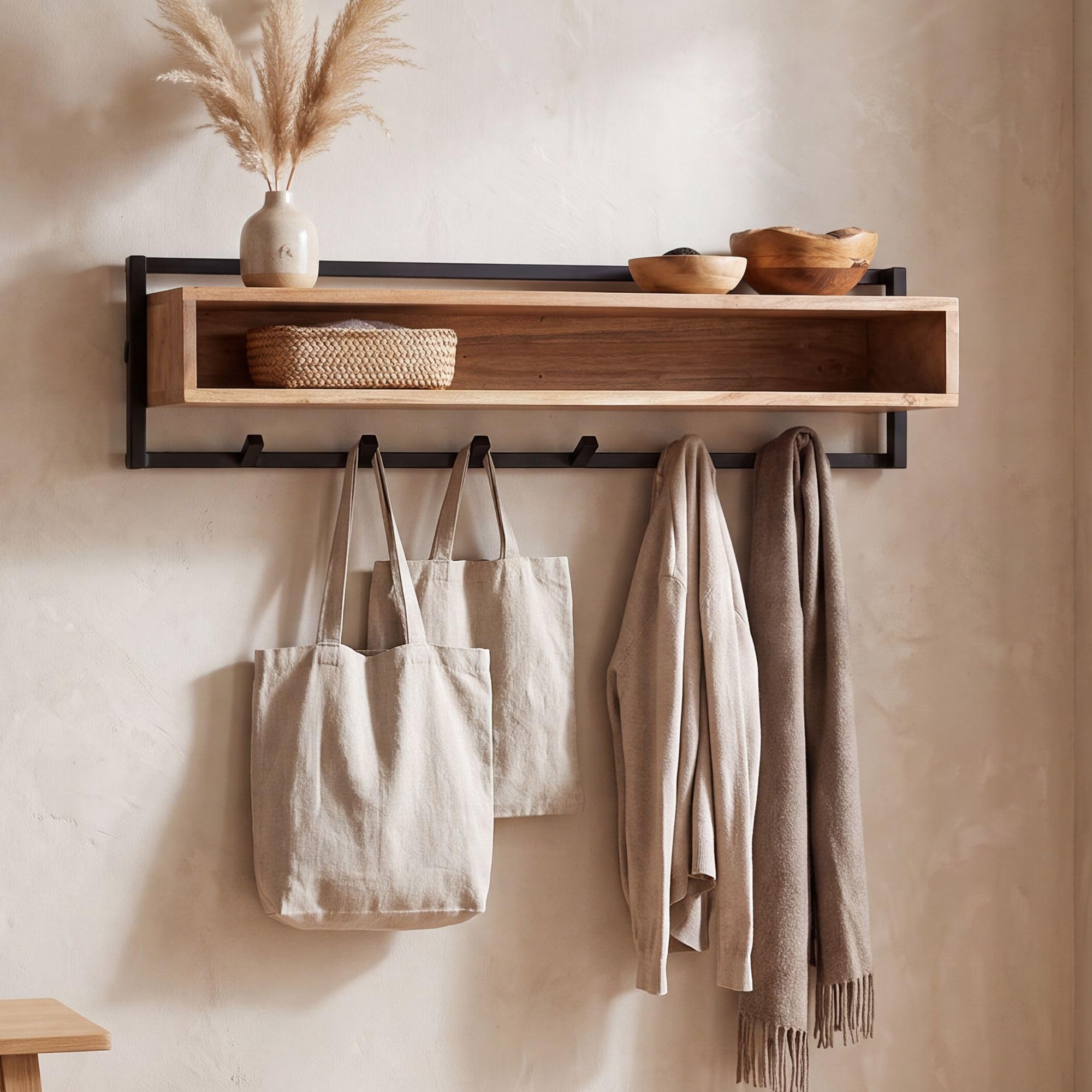 FineBuy Wandgarderobe 90 x 30 x 20 cm Akazie Massivholz, 6 Haken Handmade