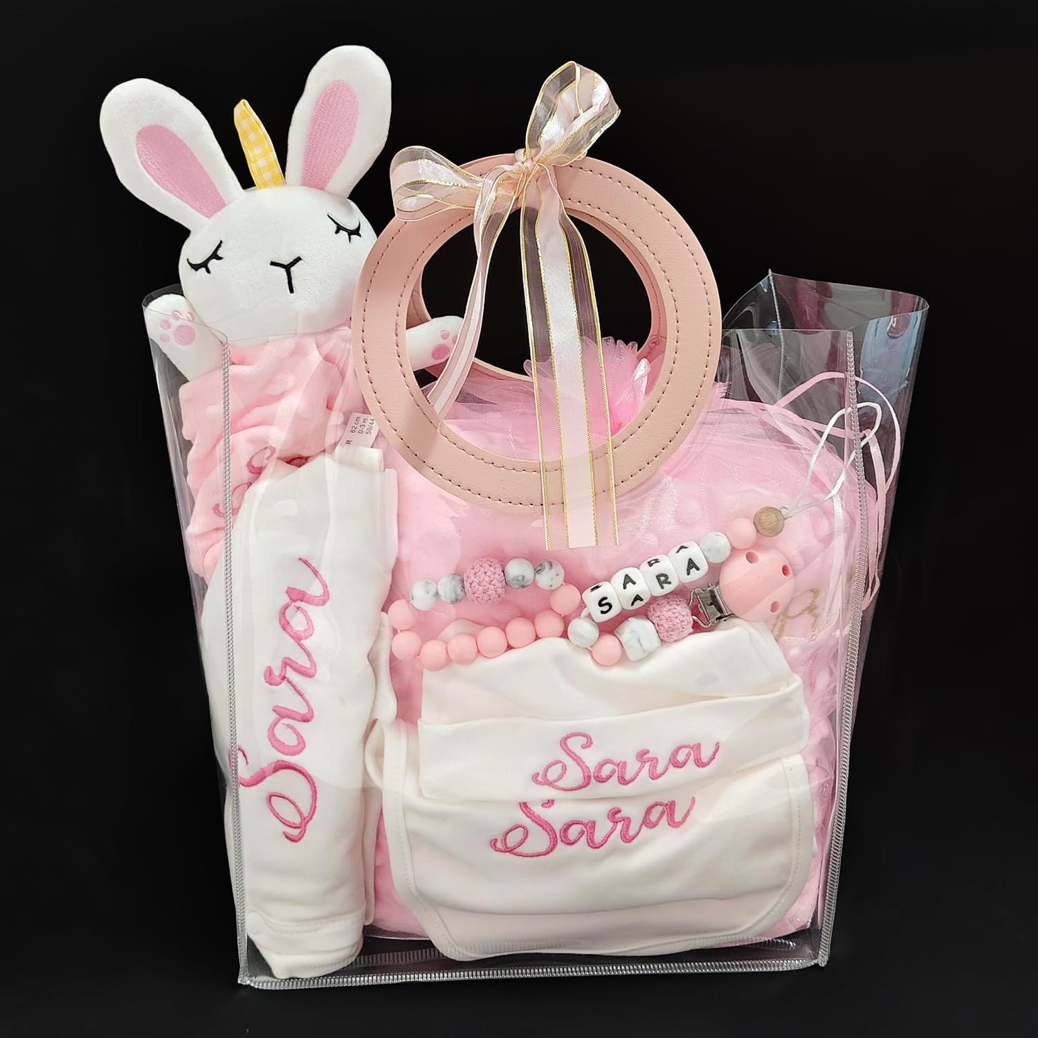 Personalized Newborn Baby Gift Sets, Customized Essential Stuff for Newborn Girl, Custom Embroidered Baby Blanket Onesie Hat Beanie Pacifier Clip Security Blanket with Name