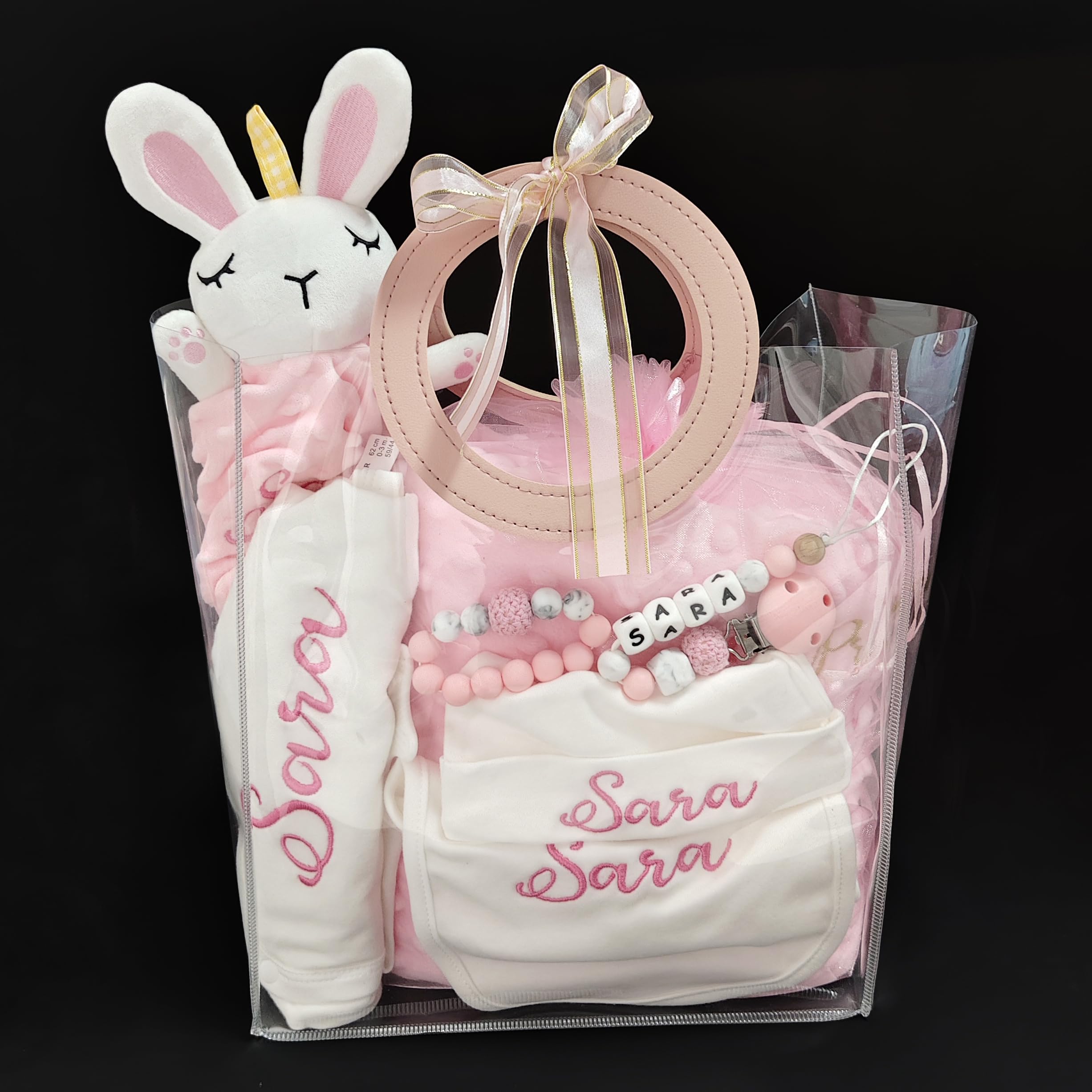 Personalized Newborn Baby Gift Sets, Customized Essential Stuff for Newborn Girl, Custom Embroidered Baby Blanket Onesie Hat Beanie Pacifier Clip Security Blanket with Name
